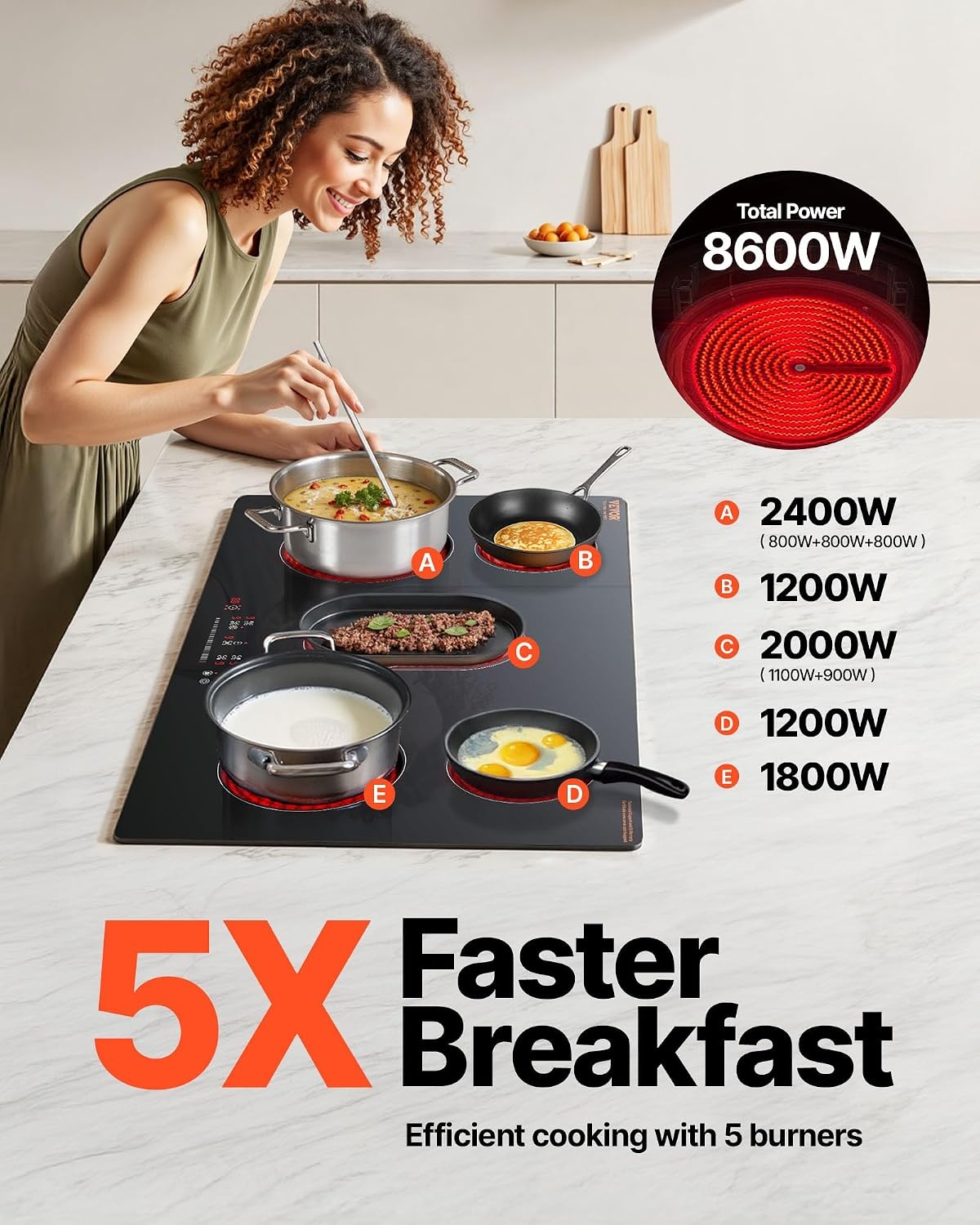image:imageVEVOR Built in Electric Stove Top 12 inch 2 Burners 240V Glass Radiant Cooktop with Sensor Touch Control Timer amp Child Lock Included 9 Power Levels for Simmer Steam Slow Cook Fry36 IN5 BurnerTouch Control