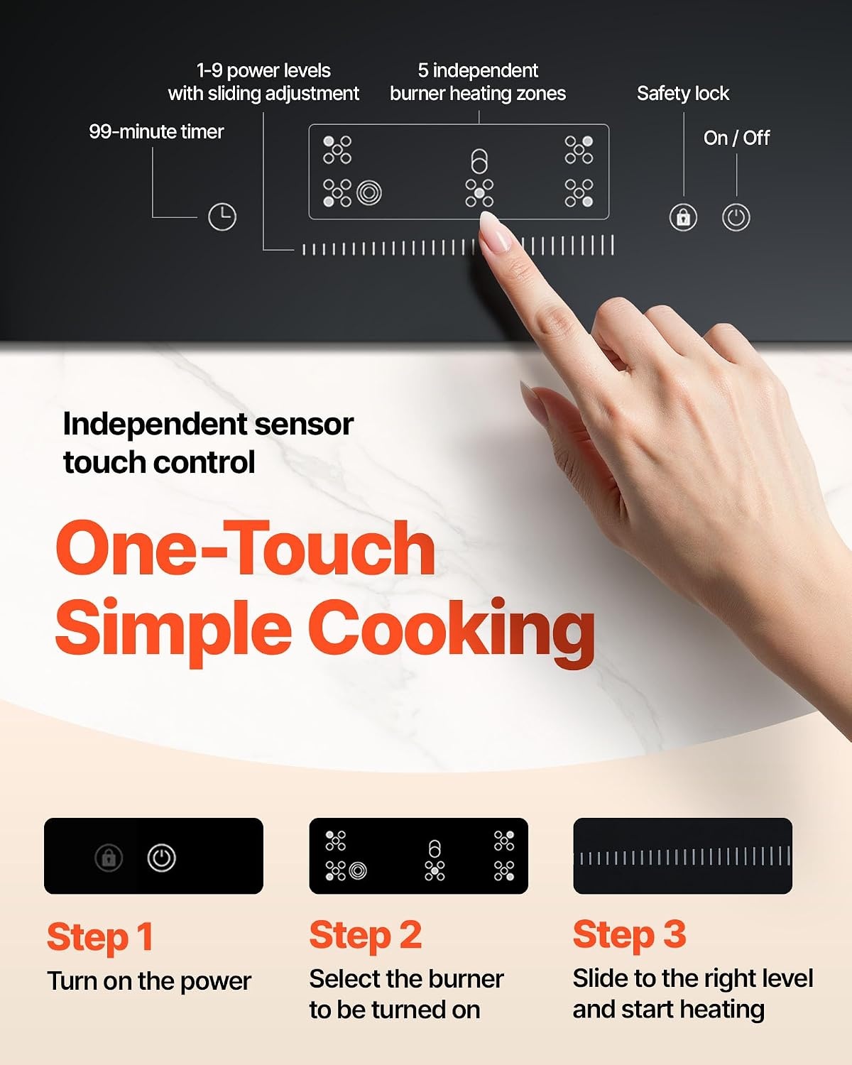 image:imageVEVOR Built in Electric Stove Top 12 inch 2 Burners 240V Glass Radiant Cooktop with Sensor Touch Control Timer amp Child Lock Included 9 Power Levels for Simmer Steam Slow Cook Fry36 IN5 BurnerTouch Control