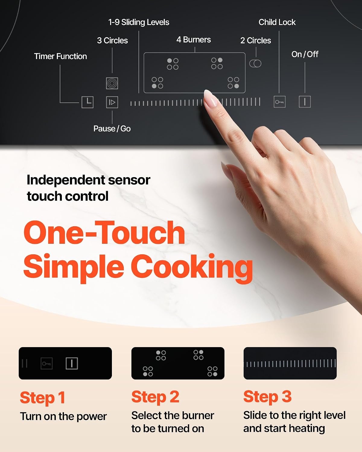 image:imageVEVOR Built in Electric Stove Top 12 inch 2 Burners 240V Glass Radiant Cooktop with Sensor Touch Control Timer amp Child Lock Included 9 Power Levels for Simmer Steam Slow Cook Fry30 IN4 BurnerTouch Control