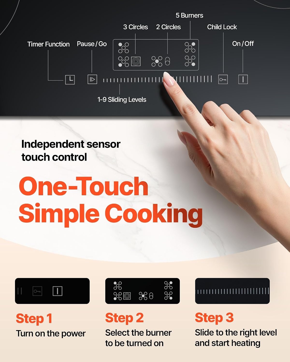 image:imageVEVOR Built in Electric Stove Top 12 inch 2 Burners 240V Glass Radiant Cooktop with Sensor Touch Control Timer amp Child Lock Included 9 Power Levels for Simmer Steam Slow Cook Fry30 IN5 BurnerTouch Control