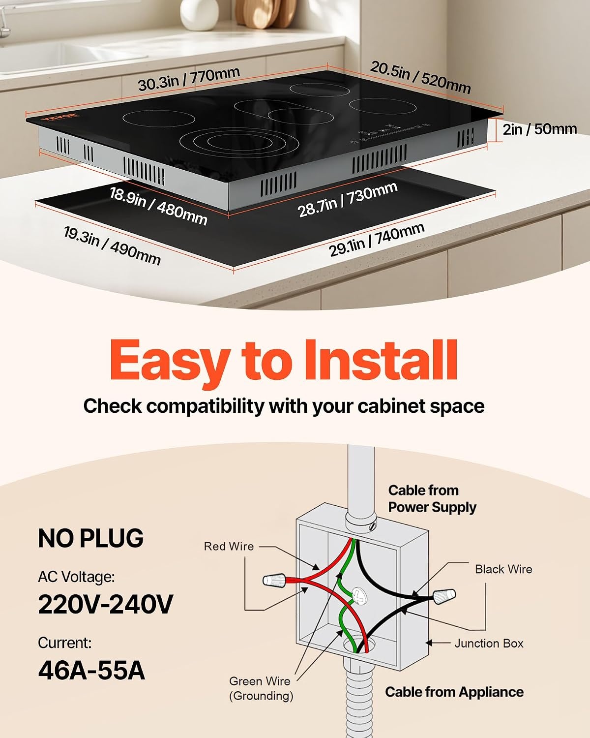 image:imageVEVOR Built in Electric Stove Top 12 inch 2 Burners 240V Glass Radiant Cooktop with Sensor Touch Control Timer amp Child Lock Included 9 Power Levels for Simmer Steam Slow Cook Fry30 IN5 BurnerTouch Control
