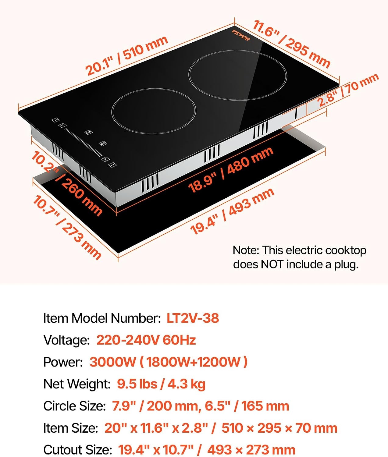 image:imageVEVOR Built in Electric Stove Top 12 inch 2 Burners 240V Glass Radiant Cooktop with Sensor Touch Control Timer amp Child Lock Included 9 Power Levels for Simmer Steam Slow Cook Fry12 IN2 BurnerTouch Control