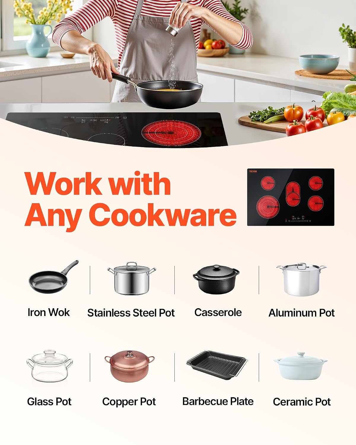 image:imageVEVOR Built in Electric Stove Top 12 inch 2 Burners 240V Glass Radiant Cooktop with Sensor Touch Control Timer amp Child Lock Included 9 Power Levels for Simmer Steam Slow Cook Fry30 IN5 BurnerTouch Control