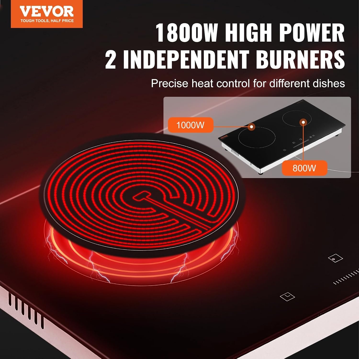 image:imageVEVOR Built in Electric Stove Top 12 inch 2 Burners 240V Glass Radiant Cooktop with Sensor Touch Control Timer amp Child Lock Included 9 Power Levels for Simmer Steam Slow Cook Fry24 IN2 BurnerTouch Control