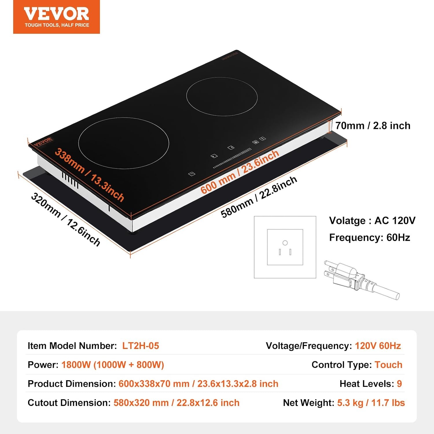image:imageVEVOR Built in Electric Stove Top 12 inch 2 Burners 240V Glass Radiant Cooktop with Sensor Touch Control Timer amp Child Lock Included 9 Power Levels for Simmer Steam Slow Cook Fry24 IN2 BurnerTouch Control