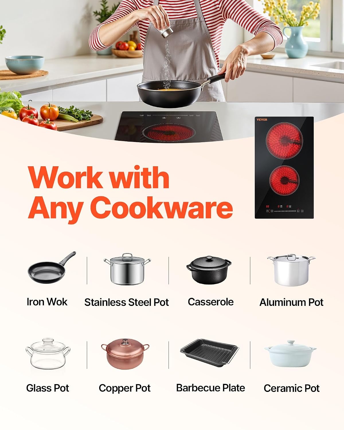 image:imageVEVOR Built in Electric Stove Top 12 inch 2 Burners 240V Glass Radiant Cooktop with Sensor Touch Control Timer amp Child Lock Included 9 Power Levels for Simmer Steam Slow Cook Fry12 IN2 BurnerTouch Control