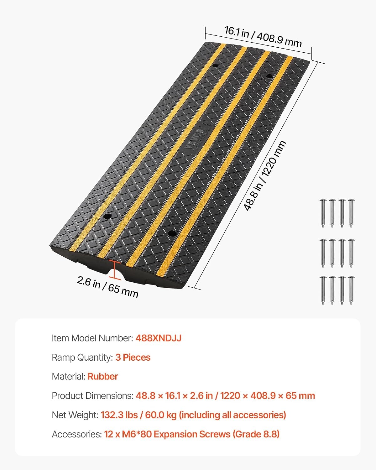 image:imageVEVOR Car Driveway Rubber Curb Ramp 1 Pack 4FT Long Heavy Duty Low Profile Slope Ramps 26 Rise 33069 lbs Load Capacity Reflective Safety Strips for Vehicles RVs and Wheelchairs488inchLong 3 Pack