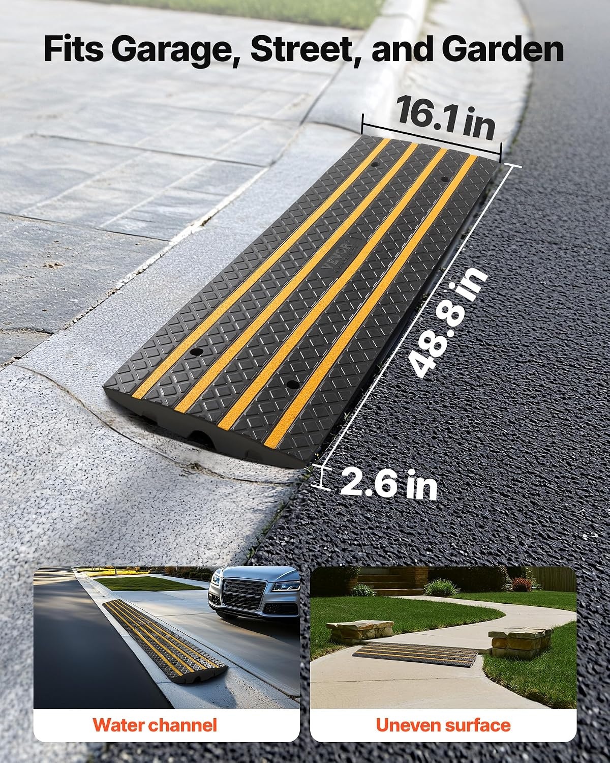 image:imageVEVOR Car Driveway Rubber Curb Ramp 1 Pack 4FT Long Heavy Duty Low Profile Slope Ramps 26 Rise 33069 lbs Load Capacity Reflective Safety Strips for Vehicles RVs and Wheelchairs488inchLong 3 Pack