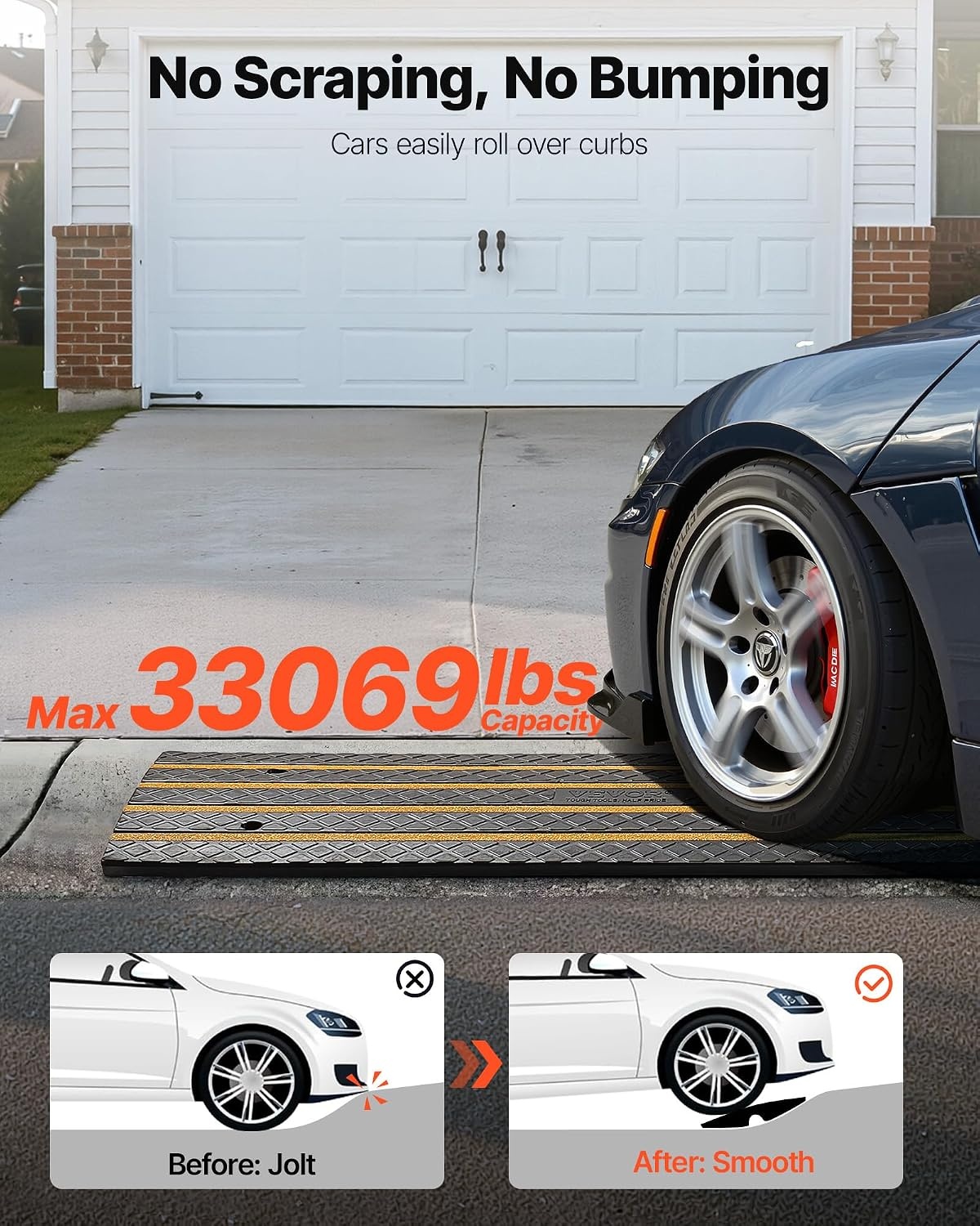 image:imageVEVOR Car Driveway Rubber Curb Ramp 1 Pack 4FT Long Heavy Duty Low Profile Slope Ramps 26 Rise 33069 lbs Load Capacity Reflective Safety Strips for Vehicles RVs and Wheelchairs2Pack4FTlong