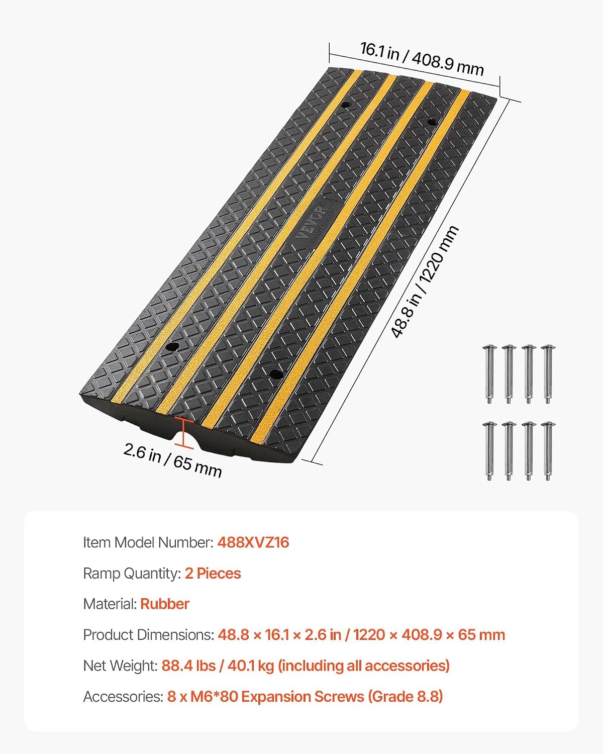 image:imageVEVOR Car Driveway Rubber Curb Ramp 1 Pack 4FT Long Heavy Duty Low Profile Slope Ramps 26 Rise 33069 lbs Load Capacity Reflective Safety Strips for Vehicles RVs and Wheelchairs2Pack4FTlong