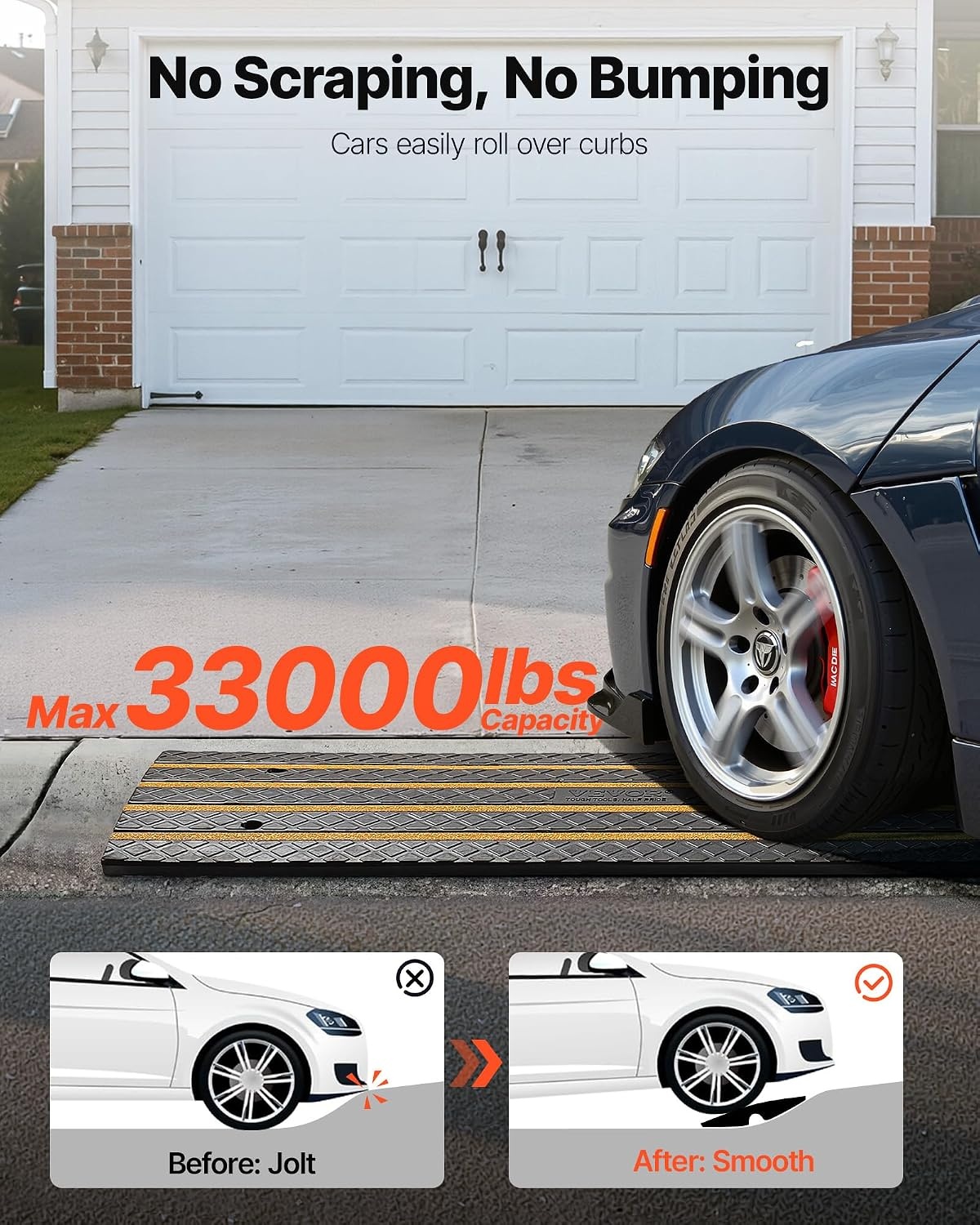 image:imageVEVOR Car Driveway Rubber Curb Ramp 1 Pack 4FT Long Heavy Duty Low Profile Slope Ramps 26 Rise 33069 lbs Load Capacity Reflective Safety Strips for Vehicles RVs and Wheelchairs488inchLong 3 Pack