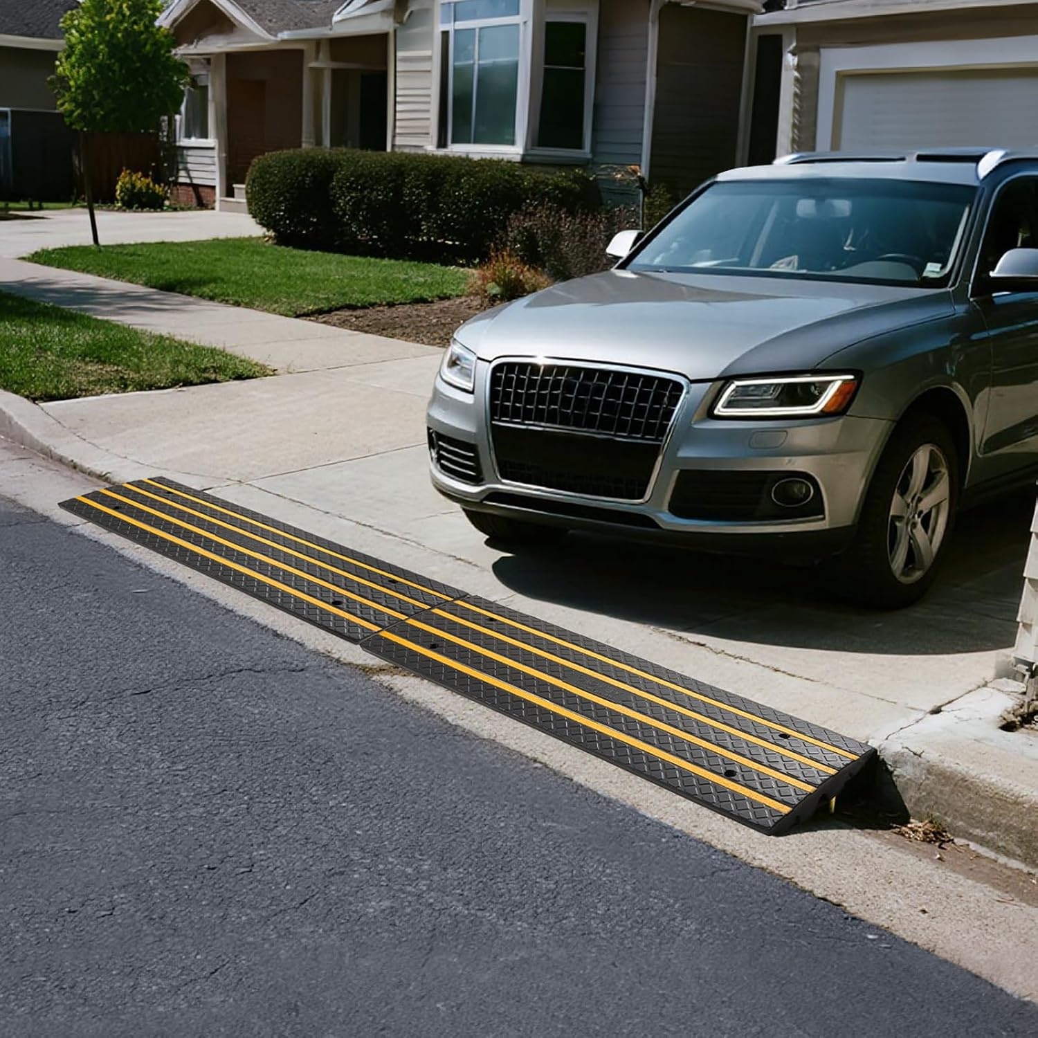 image:imageVEVOR Car Driveway Rubber Curb Ramp 1 Pack 4FT Long Heavy Duty Low Profile Slope Ramps 26 Rise 33069 lbs Load Capacity Reflective Safety Strips for Vehicles RVs and Wheelchairs2Pack4FTlong