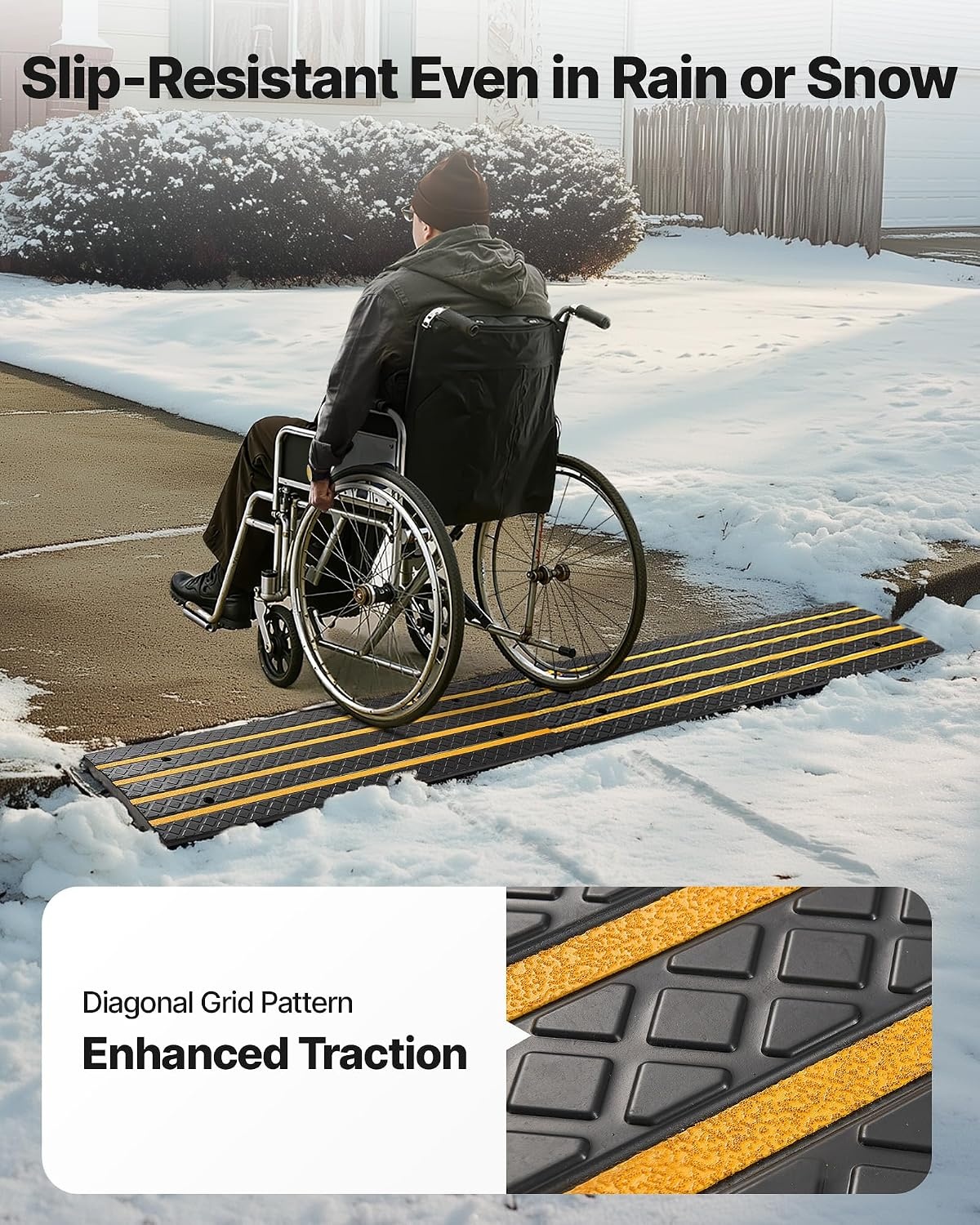 image:imageVEVOR Car Driveway Rubber Curb Ramp 1 Pack 4FT Long Heavy Duty Low Profile Slope Ramps 26 Rise 33069 lbs Load Capacity Reflective Safety Strips for Vehicles RVs and Wheelchairs2Pack4FTlong