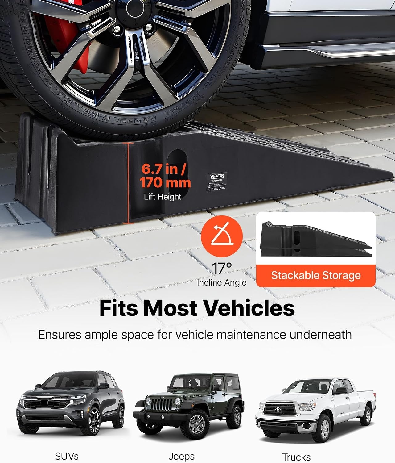 image:imageVEVOR Car Ramps 2 PCS 13000 lbs GVW Capacity 63 in Lift Height Portable High Profile Car Service Ramps for Home Garage Maintenance and Oil Changes Heavy Duty for Truck SUV Vehicle Repair Black66355inch