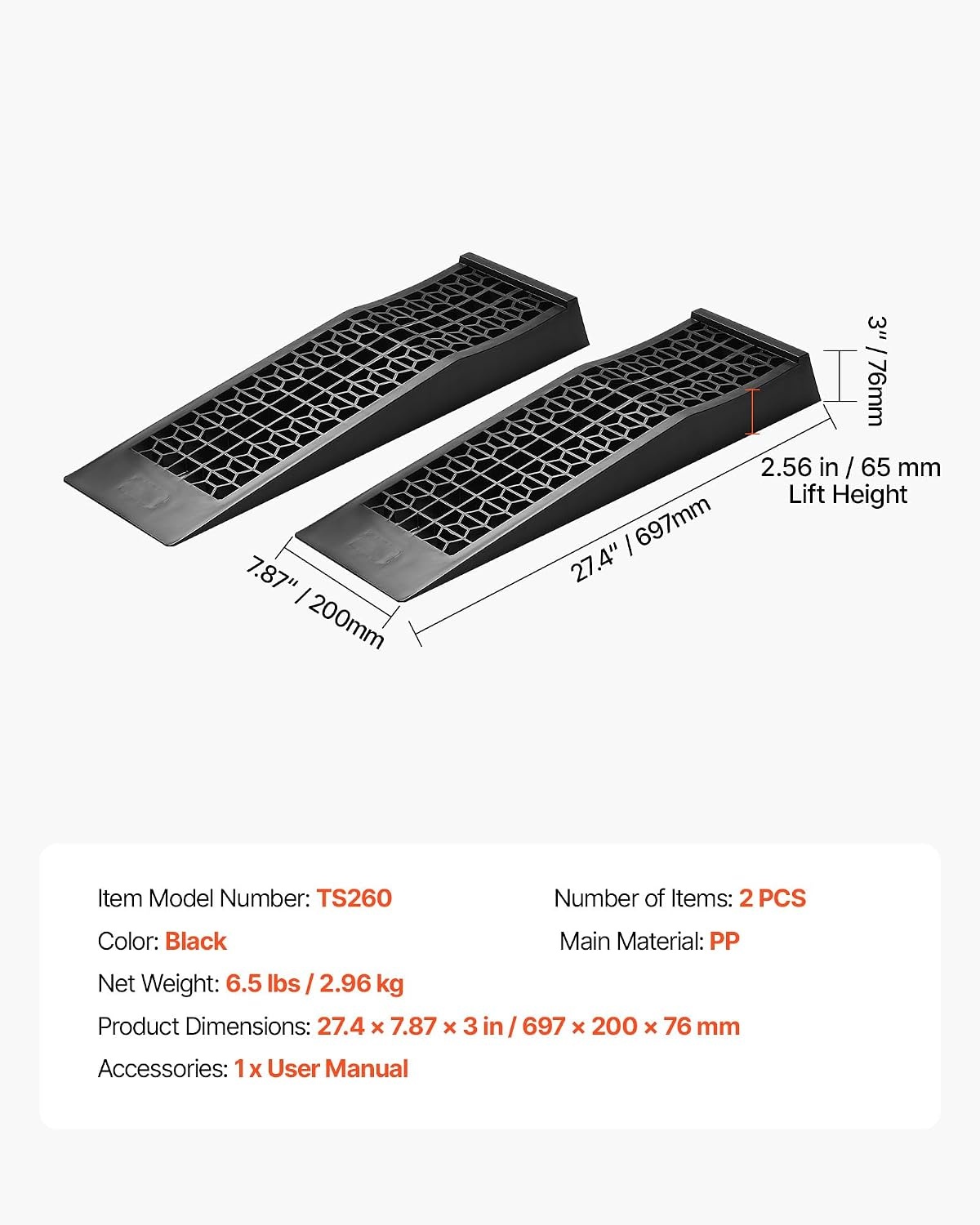 image:imageVEVOR Car Ramps 2 PCS 13000 lbs GVW Capacity 63 in Lift Height Portable High Profile Car Service Ramps for Home Garage Maintenance and Oil Changes Heavy Duty for Truck SUV Vehicle Repair Black26275inch