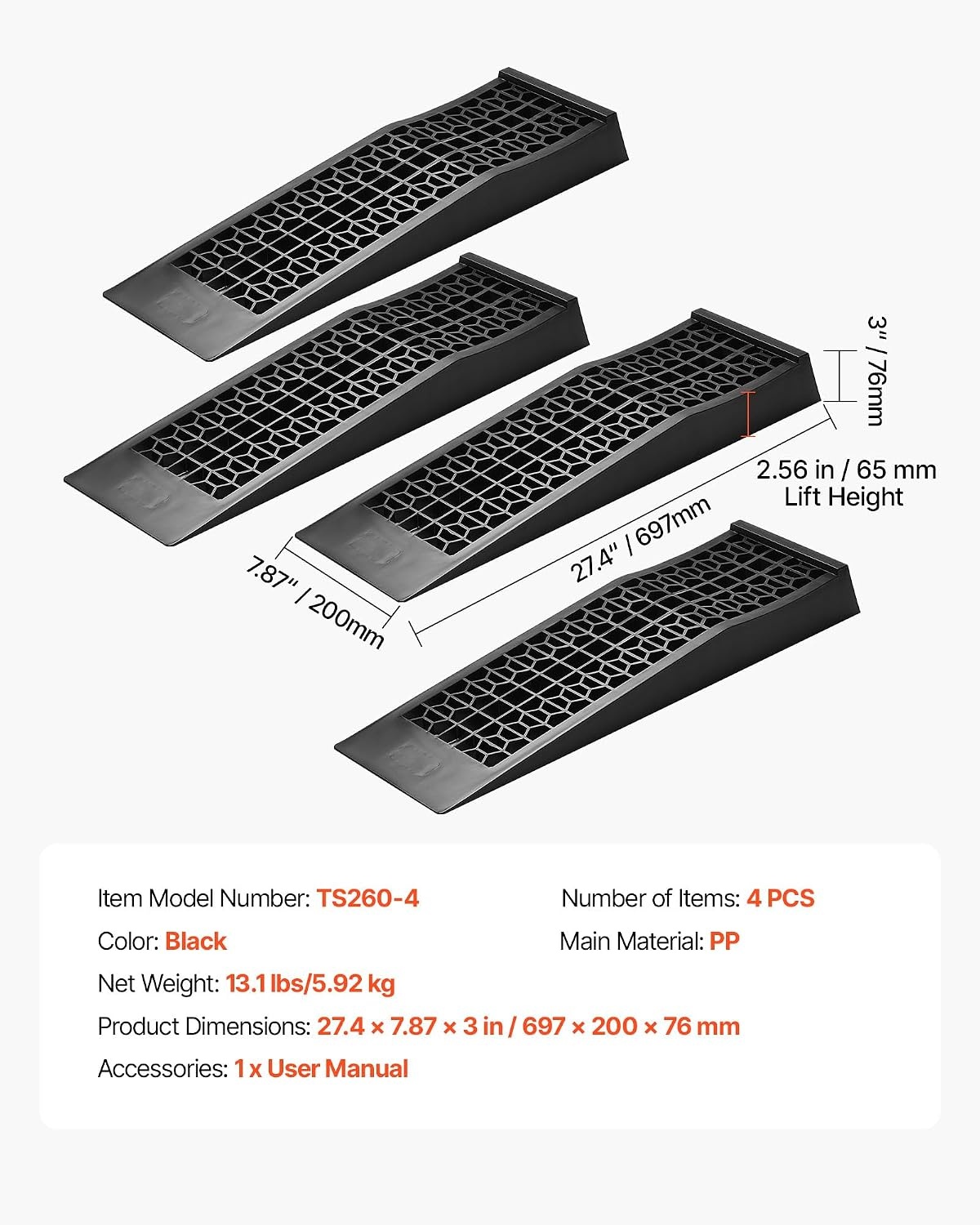 image:imageVEVOR Car Ramps 2 PCS 13000 lbs GVW Capacity 63 in Lift Height Portable High Profile Car Service Ramps for Home Garage Maintenance and Oil Changes Heavy Duty for Truck SUV Vehicle Repair Black26275inch