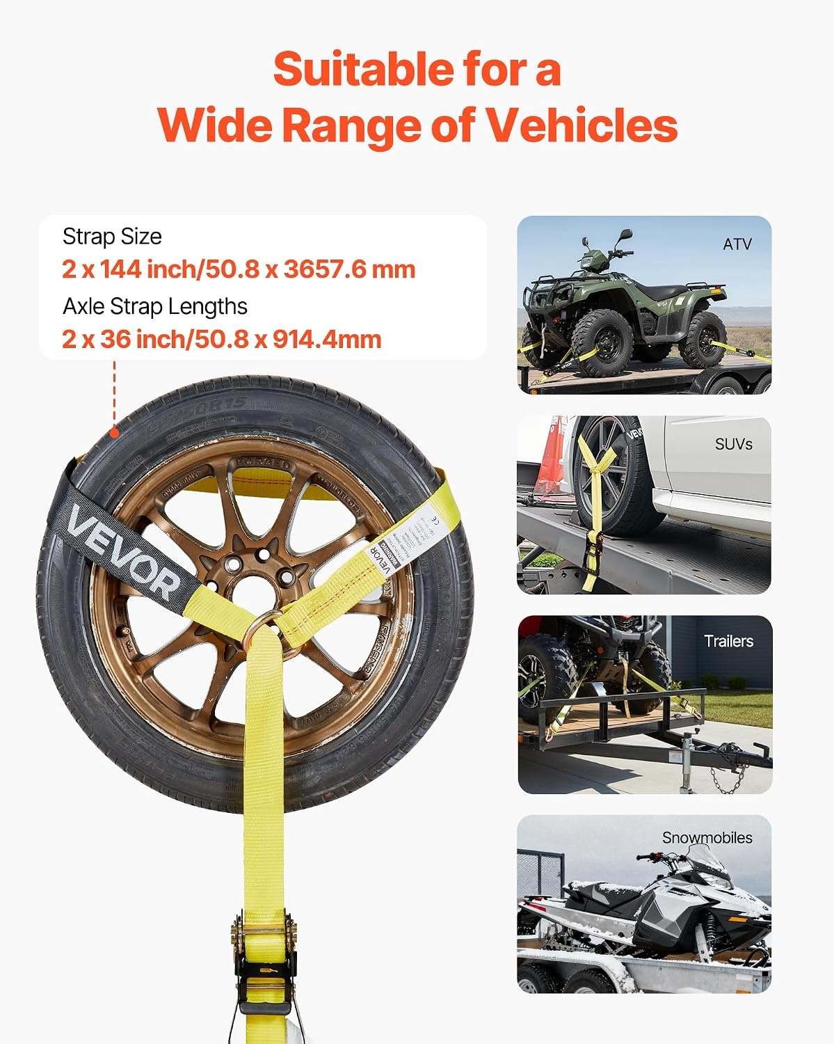 image:imageVEVOR Car Tie Down with Chain Anchors Lasso Style 2120 Tire Straps 5865 LBS Working Load 11023 LBS Breaking Strength with Heavy Duty Ratchets for Passenger Car ATV SUV UTV Truck 4PackTireStyle with Spring Hook