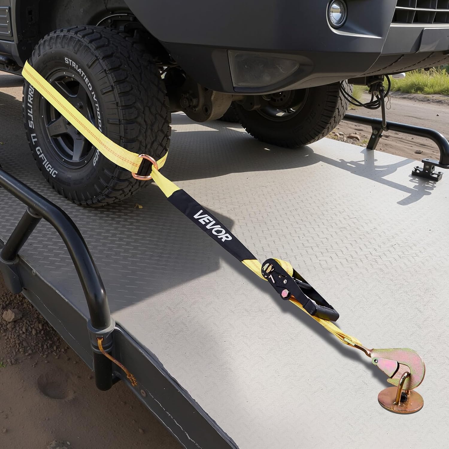 image:imageVEVOR Car Tie Down with Chain Anchors Lasso Style 2120 Tire Straps 5865 LBS Working Load 11023 LBS Breaking Strength with Heavy Duty Ratchets for Passenger Car ATV SUV UTV Truck 4PackTireStyle with Spring Hook