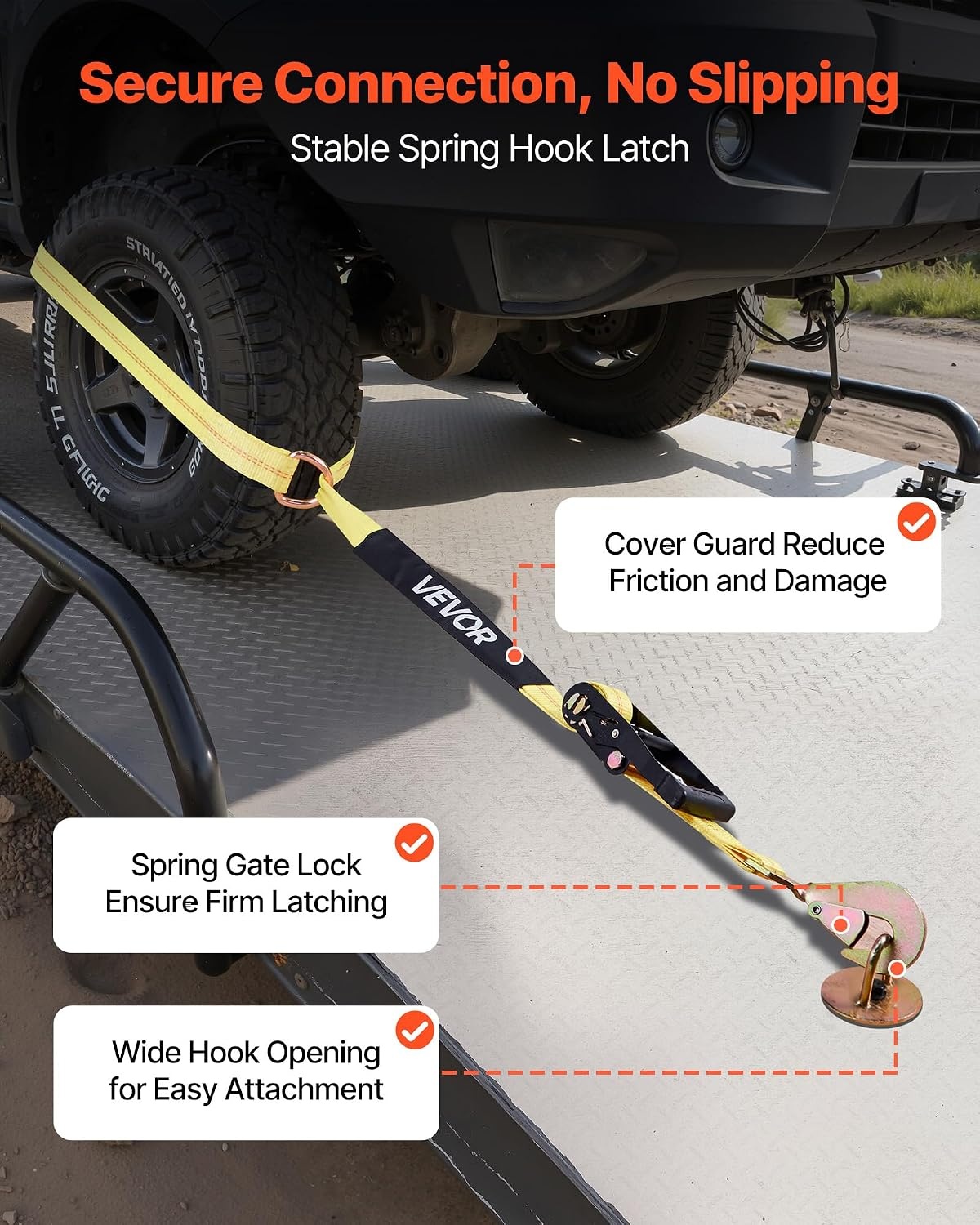 image:imageVEVOR Car Tie Down with Chain Anchors Lasso Style 2120 Tire Straps 5865 LBS Working Load 11023 LBS Breaking Strength with Heavy Duty Ratchets for Passenger Car ATV SUV UTV Truck 4PackTireStyle with Spring Hook
