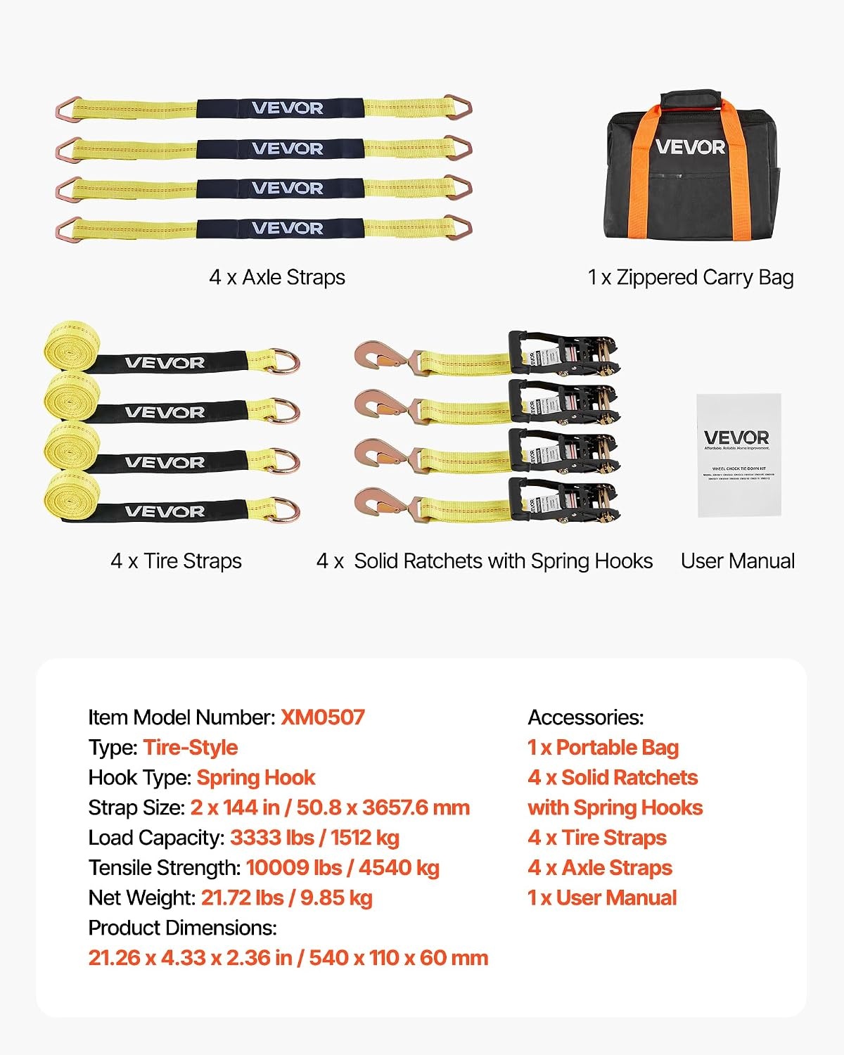 image:imageVEVOR Car Tie Down with Chain Anchors Lasso Style 2120 Tire Straps 5865 LBS Working Load 11023 LBS Breaking Strength with Heavy Duty Ratchets for Passenger Car ATV SUV UTV Truck 4PackTireStyle with Spring Hook