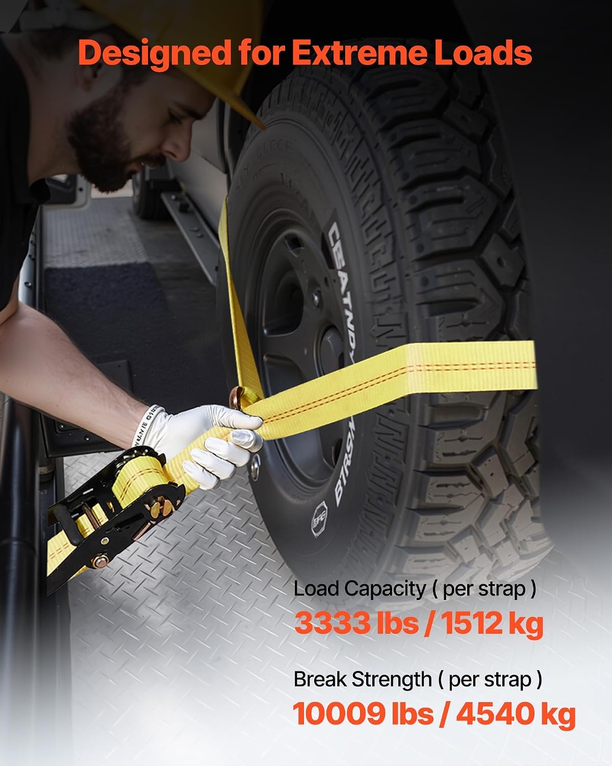 image:imageVEVOR Car Tie Down with Chain Anchors Lasso Style 2120 Tire Straps 5865 LBS Working Load 11023 LBS Breaking Strength with Heavy Duty Ratchets for Passenger Car ATV SUV UTV Truck 4PackTireStyle with Spring Hook