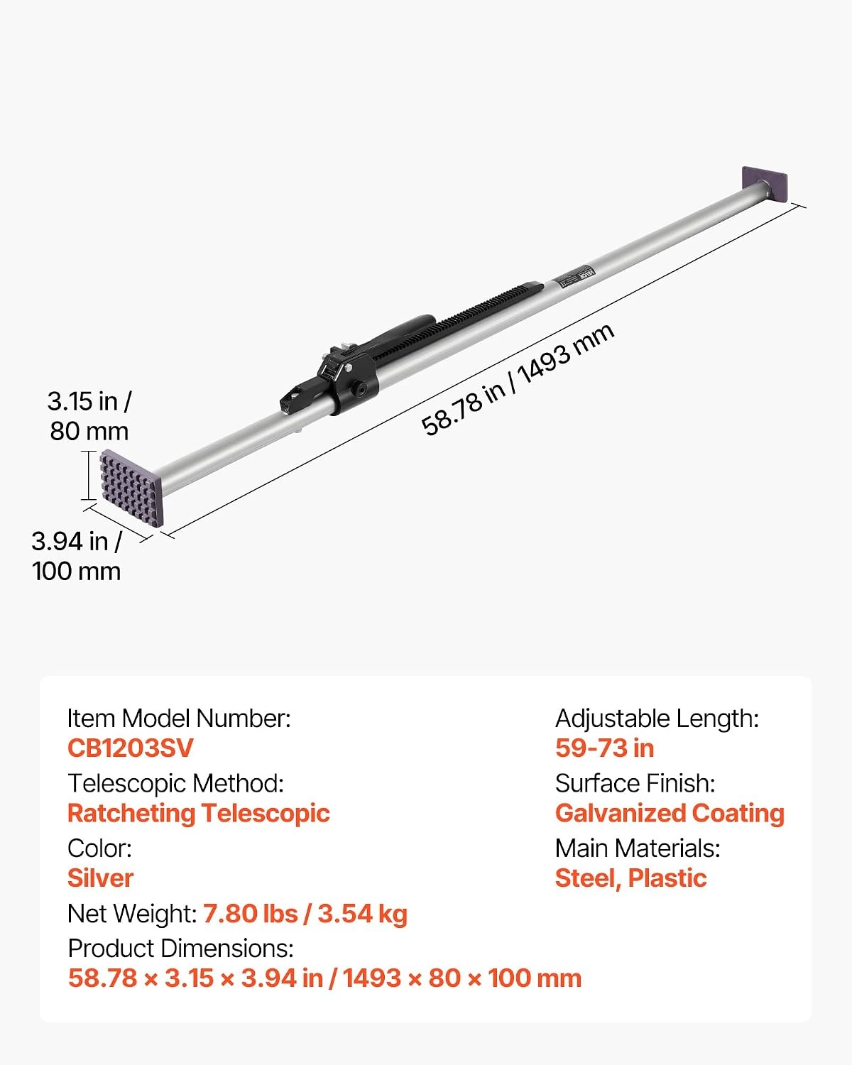 image:imageVEVOR Cargo Bar Cargo Bar Adjustable from 40 to 73 HeavyDuty Steel Cargos Stabilizer with NonSlip Foot Pads Telescoping Load Lock Bars Stop Sliding for SUVs Sedans5973
