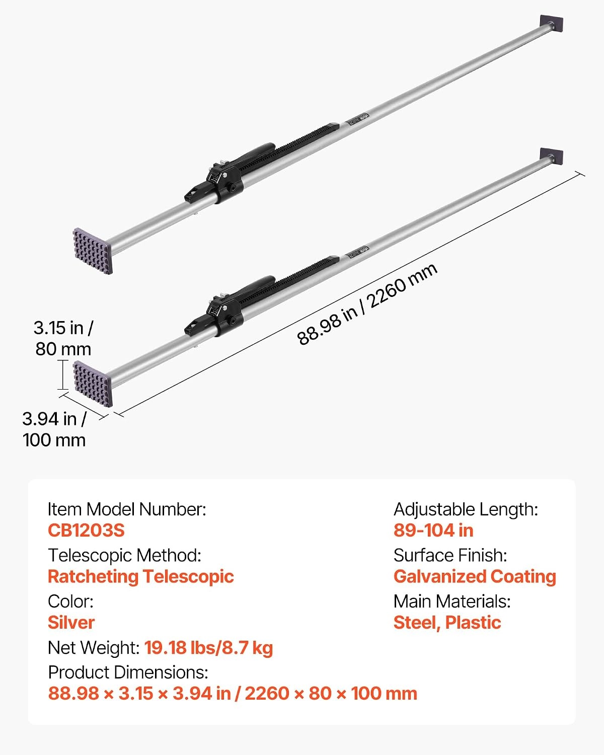 image:imageVEVOR Cargo Bar Cargo Bar Adjustable from 89 to 104 HeavyDuty Steel Cargos Stabilizer with NonSlip Foot Pads Truck Bed Load Lock Bars for Box Trucks SemiTrailers Trailers 2PCS