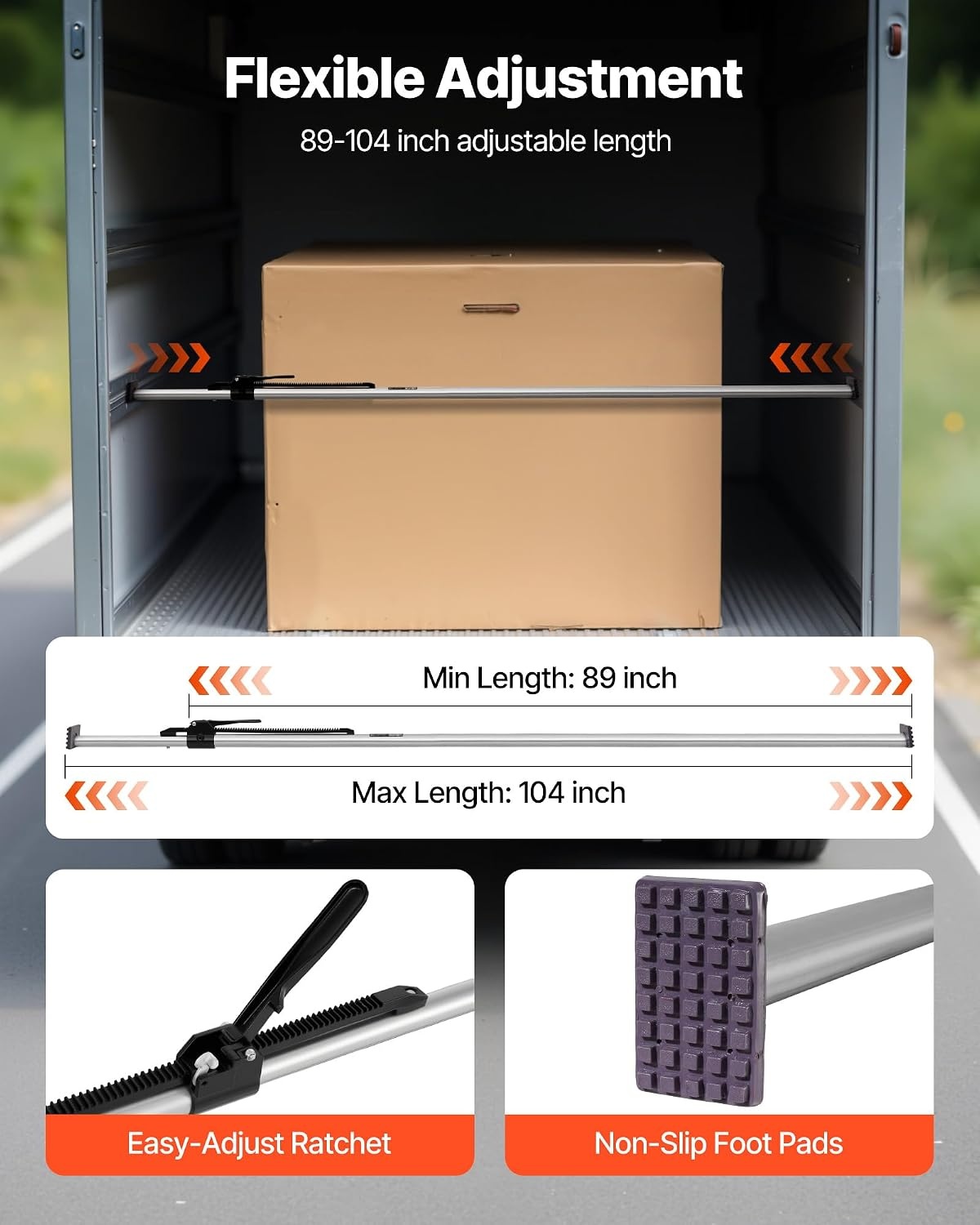 image:imageVEVOR Cargo Bar Cargo Bar Adjustable from 89 to 104 HeavyDuty Steel Cargos Stabilizer with NonSlip Foot Pads Truck Bed Load Lock Bars for Box Trucks SemiTrailers Trailers 2PCS