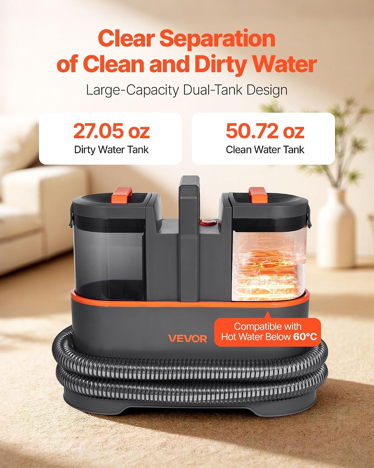 image:imageVEVOR Carpet Cleaner Machine 5072 oz Clean Water Tank amp 2705 oz Dirty Water Tank Portable Upholstery Shampooer 115Kpa Handheld Furniture Extractor Spot and Stain Deep Cleaner for Rug Couch Car