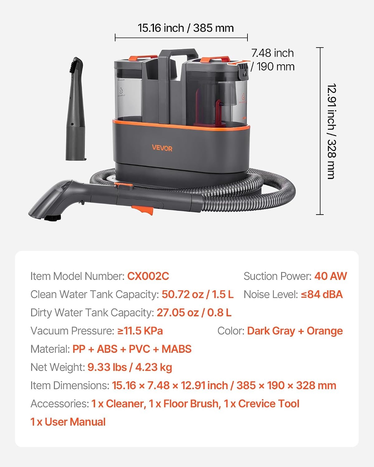 image:imageVEVOR Carpet Cleaner Machine 5072 oz Clean Water Tank amp 2705 oz Dirty Water Tank Portable Upholstery Shampooer 115Kpa Handheld Furniture Extractor Spot and Stain Deep Cleaner for Rug Couch Car
