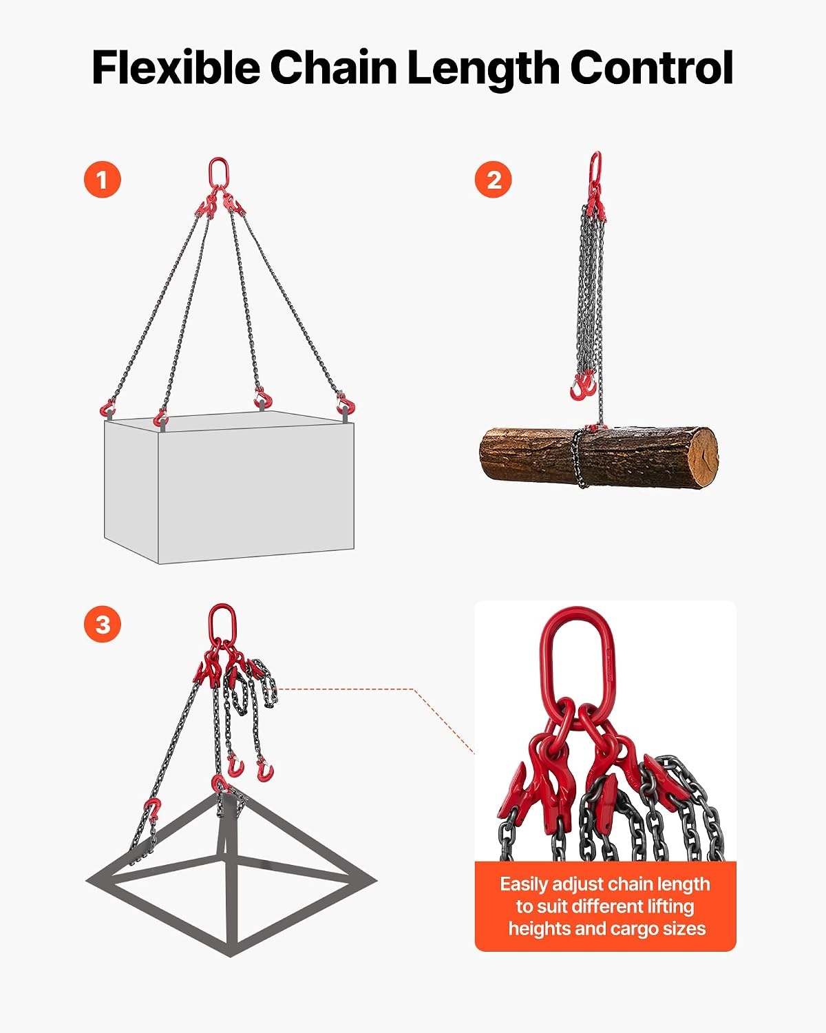 image:imageVEVOR Chain Sling 38 in x 10 ft Lifting Chains with 4 Leg Grab Hooks Heavy Duty G80 Alloy Steel Lifting Sling 22900LBS Capacity Adjustable Engine Chain Hoist Lifts for Cargo Security Towing38 Inch x 10 FT Adjustable
