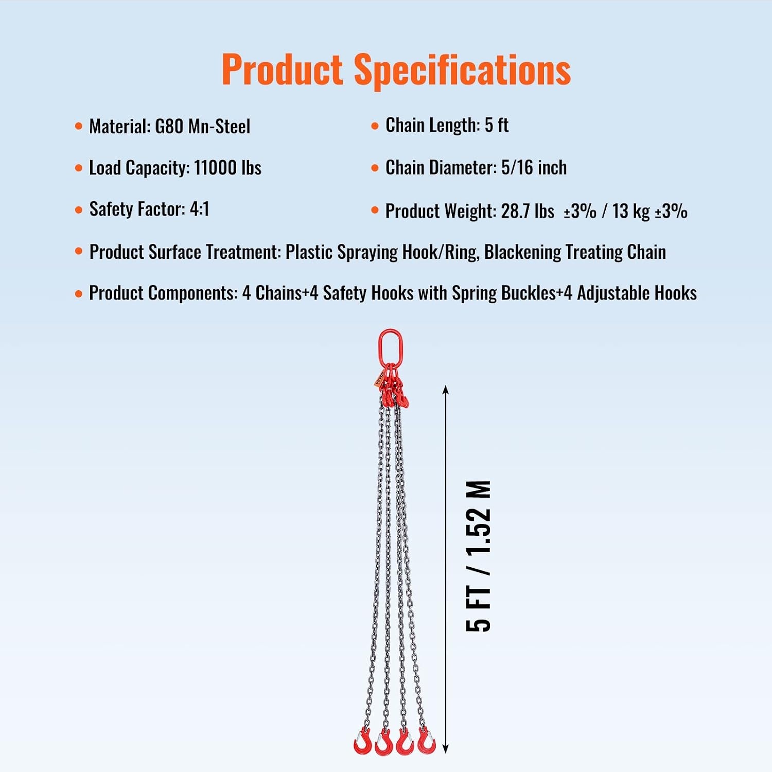 image:imageVEVOR Chain Sling 38 in x 10 ft Lifting Chains with 4 Leg Grab Hooks Heavy Duty G80 Alloy Steel Lifting Sling 22900LBS Capacity Adjustable Engine Chain Hoist Lifts for Cargo Security Towing516 inch x 5 ft