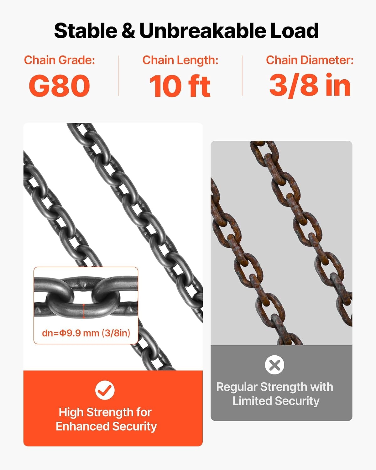 image:imageVEVOR Chain Sling 38 in x 10 ft Lifting Chains with 4 Leg Grab Hooks Heavy Duty G80 Alloy Steel Lifting Sling 22900LBS Capacity Adjustable Engine Chain Hoist Lifts for Cargo Security Towing38 Inch x 10 FT Adjustable