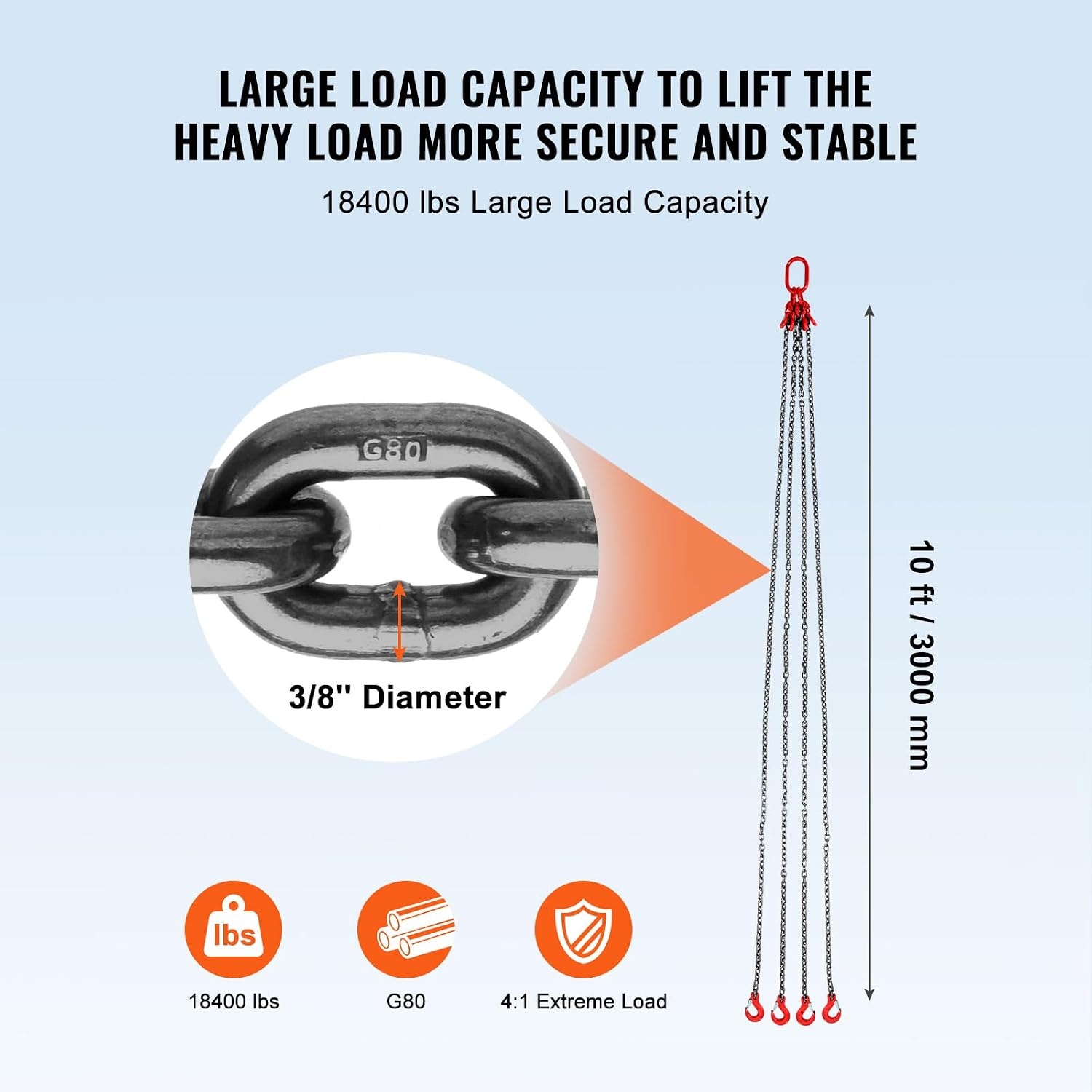 image:imageVEVOR Chain Sling 38 in x 10 ft Lifting Chains with 4 Leg Grab Hooks Heavy Duty G80 Alloy Steel Lifting Sling 22900LBS Capacity Adjustable Engine Chain Hoist Lifts for Cargo Security Towing38 Inch x 10 FT