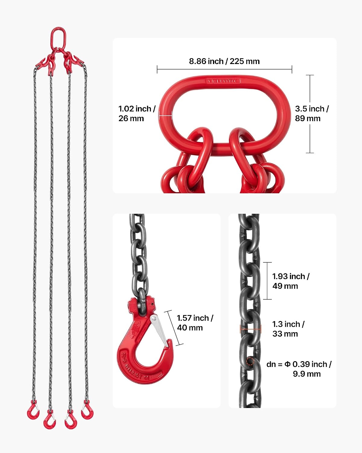 image:imageVEVOR Chain Sling 38 in x 10 ft Lifting Chains with 4 Leg Grab Hooks Heavy Duty G80 Alloy Steel Lifting Sling 22900LBS Capacity Adjustable Engine Chain Hoist Lifts for Cargo Security Towing38 Inch x 10 FT Adjustable