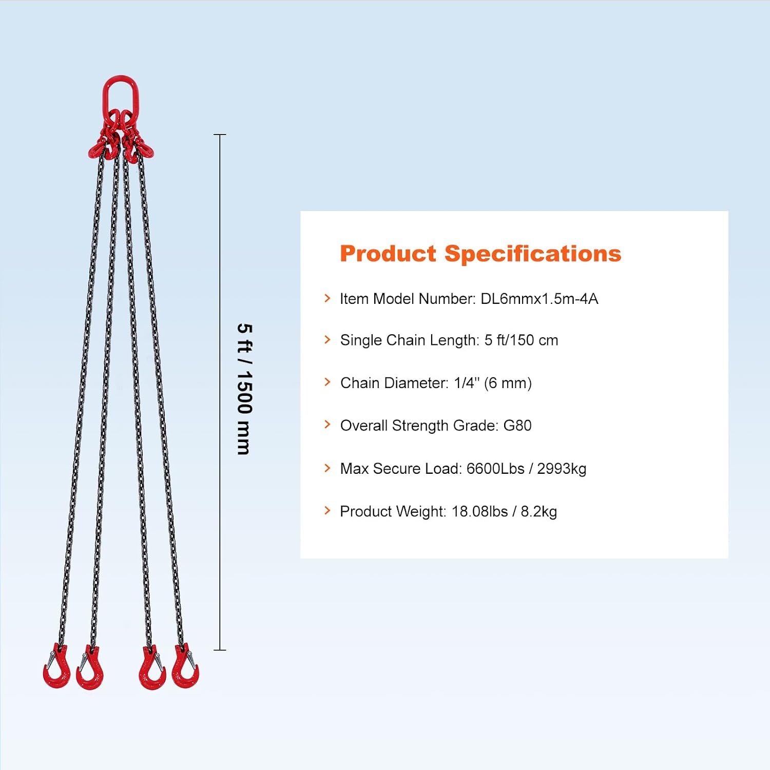 image:imageVEVOR Chain Sling 38 in x 10 ft Lifting Chains with 4 Leg Grab Hooks Heavy Duty G80 Alloy Steel Lifting Sling 22900LBS Capacity Adjustable Engine Chain Hoist Lifts for Cargo Security Towing14 Inch x 5 FT