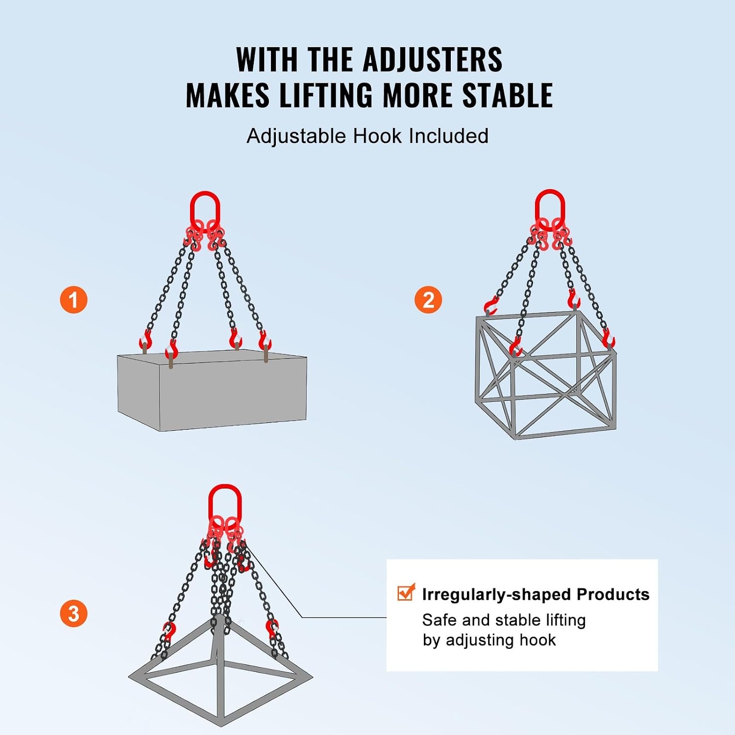 image:imageVEVOR Chain Sling 38 in x 10 ft Lifting Chains with 4 Leg Grab Hooks Heavy Duty G80 Alloy Steel Lifting Sling 22900LBS Capacity Adjustable Engine Chain Hoist Lifts for Cargo Security Towing516 Inch x 10 FT