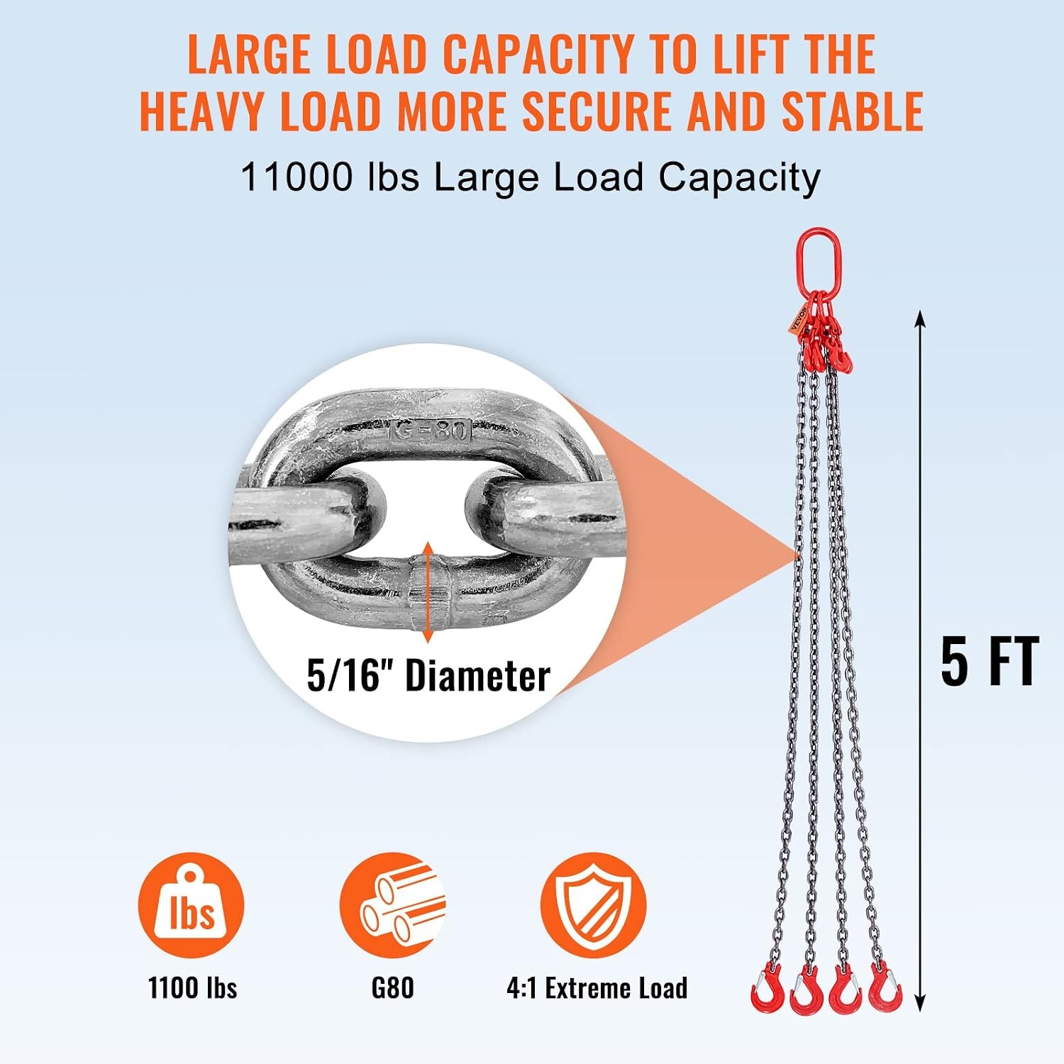 image:imageVEVOR Chain Sling 38 in x 10 ft Lifting Chains with 4 Leg Grab Hooks Heavy Duty G80 Alloy Steel Lifting Sling 22900LBS Capacity Adjustable Engine Chain Hoist Lifts for Cargo Security Towing516 inch x 5 ft