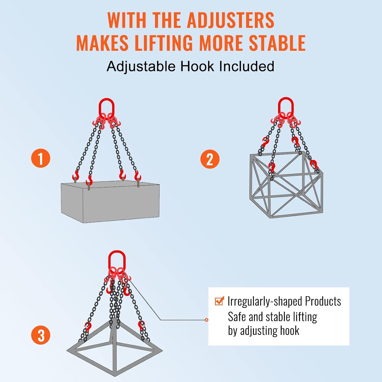 image:imageVEVOR Chain Sling 38 in x 10 ft Lifting Chains with 4 Leg Grab Hooks Heavy Duty G80 Alloy Steel Lifting Sling 22900LBS Capacity Adjustable Engine Chain Hoist Lifts for Cargo Security Towing516 inch x 5 ft
