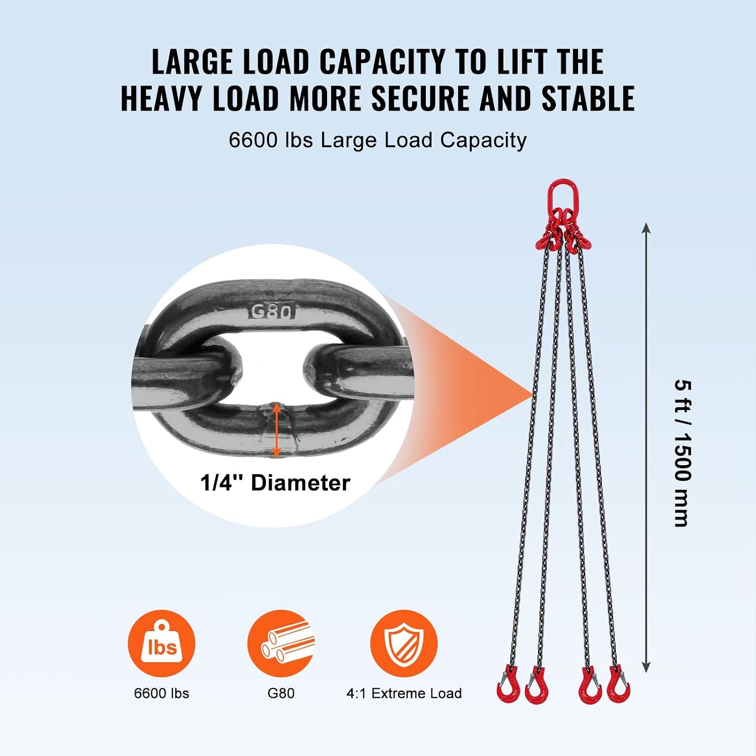 image:imageVEVOR Chain Sling 38 in x 10 ft Lifting Chains with 4 Leg Grab Hooks Heavy Duty G80 Alloy Steel Lifting Sling 22900LBS Capacity Adjustable Engine Chain Hoist Lifts for Cargo Security Towing14 Inch x 5 FT