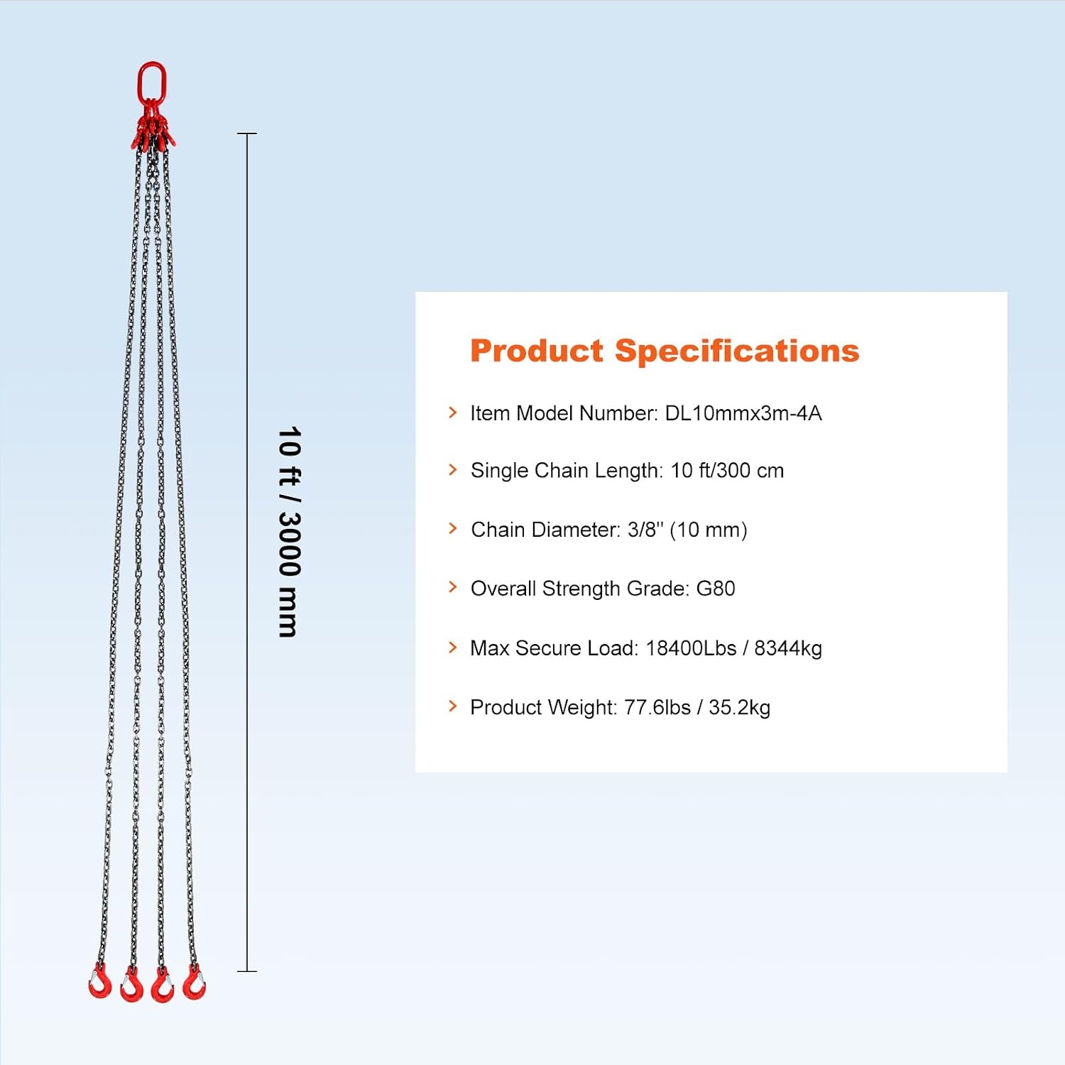 image:imageVEVOR Chain Sling 38 in x 10 ft Lifting Chains with 4 Leg Grab Hooks Heavy Duty G80 Alloy Steel Lifting Sling 22900LBS Capacity Adjustable Engine Chain Hoist Lifts for Cargo Security Towing38 Inch x 10 FT