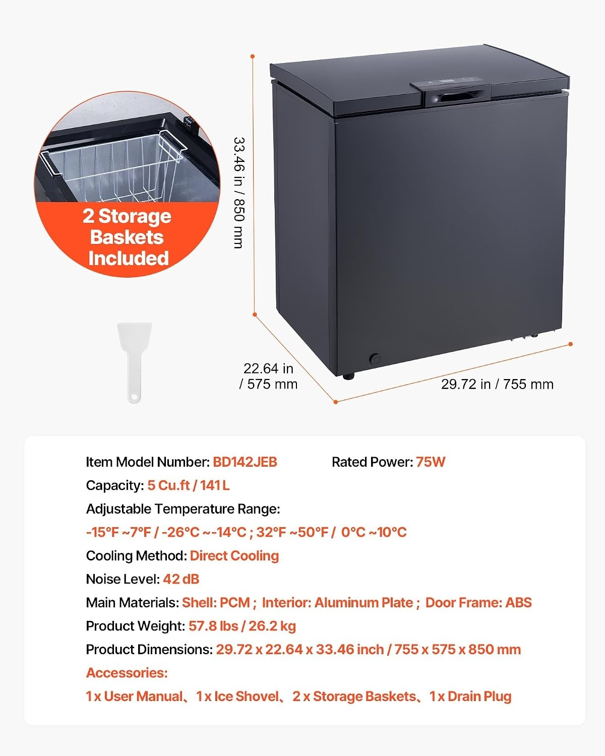 image:imageVEVOR Chest Freezer 67 Cuft Compact Deep Freezer Free Standing Top Open Door Chest Freezers with 2 Removable Baskets amp Adjustable Thermostat Energy Saving Low Noise amp Garage Ready BlackBlack