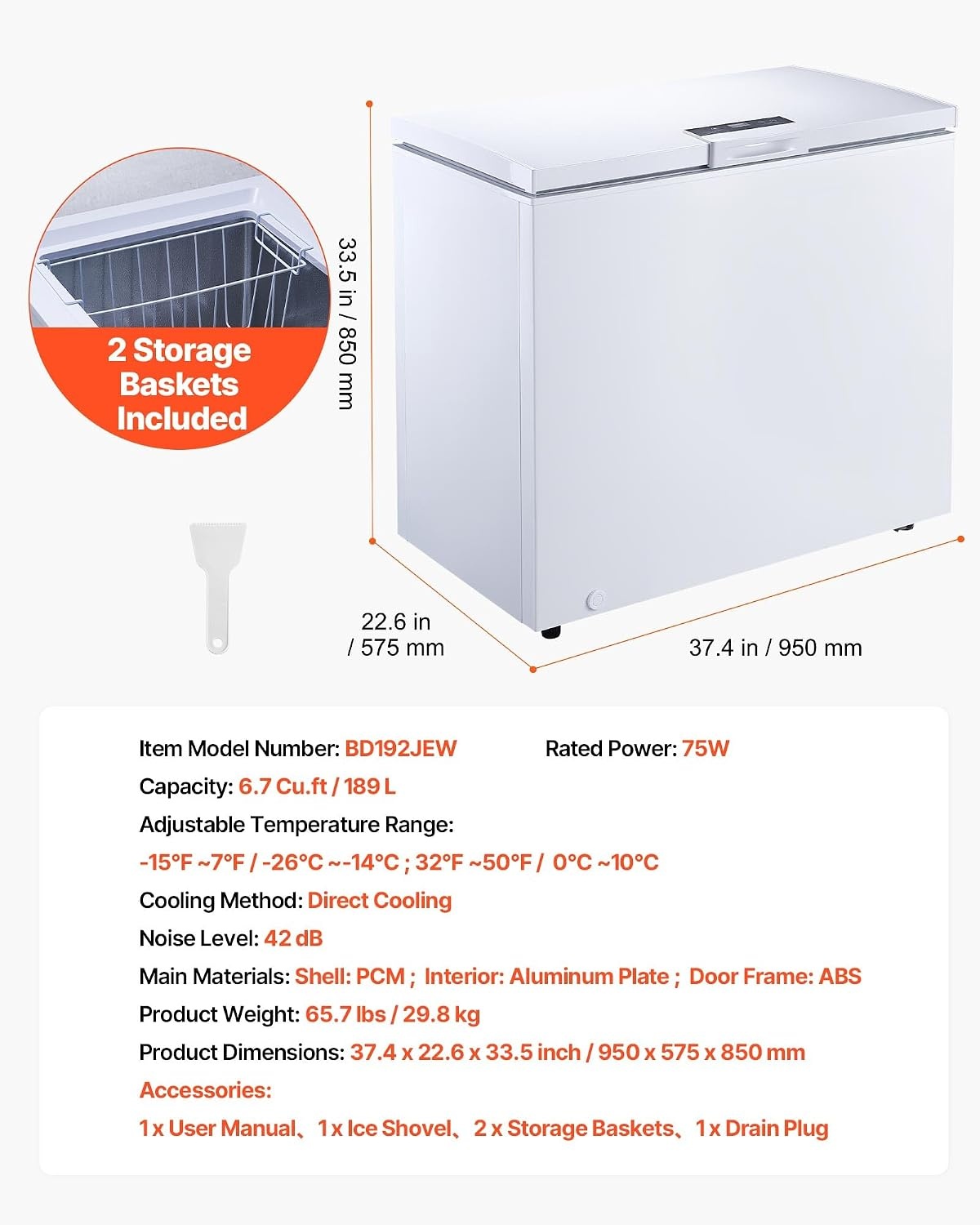 image:imageVEVOR Chest Freezer 67 Cuft Compact Deep Freezer Free Standing Top Open Door Chest Freezers with 2 Removable Baskets amp Adjustable Thermostat Energy Saving Low Noise amp Garage Ready BlackWhite