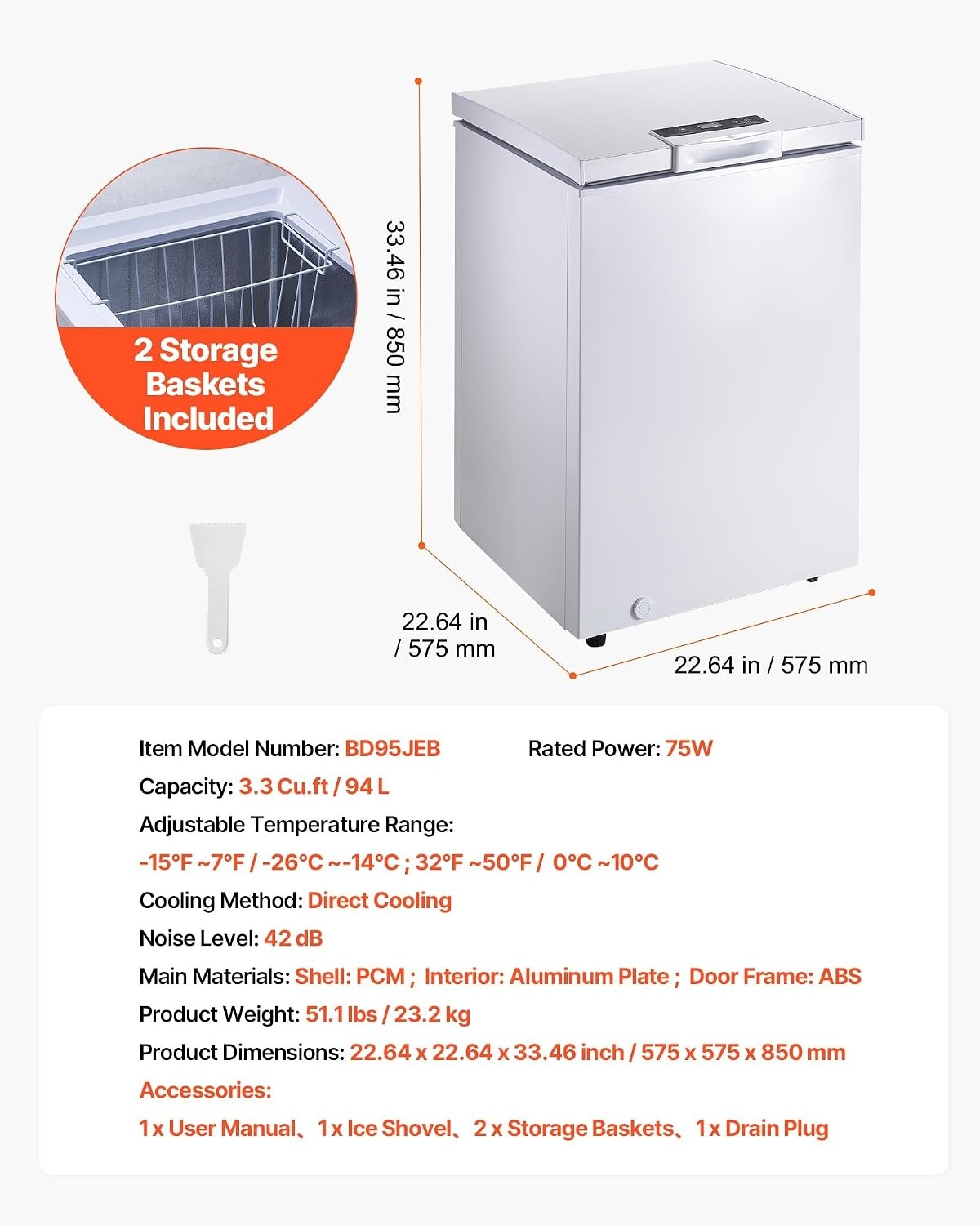 image:imageVEVOR Chest Freezer 67 Cuft Compact Deep Freezer Free Standing Top Open Door Chest Freezers with 2 Removable Baskets amp Adjustable Thermostat Energy Saving Low Noise amp Garage Ready BlackWhite