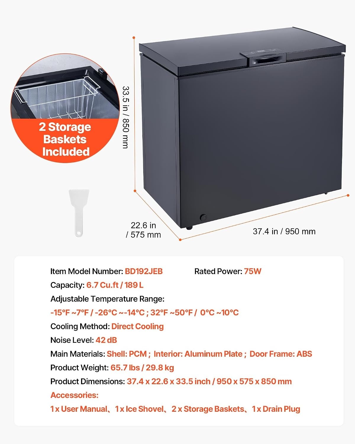 image:imageVEVOR Chest Freezer 67 Cuft Compact Deep Freezer Free Standing Top Open Door Chest Freezers with 2 Removable Baskets amp Adjustable Thermostat Energy Saving Low Noise amp Garage Ready BlackBlack