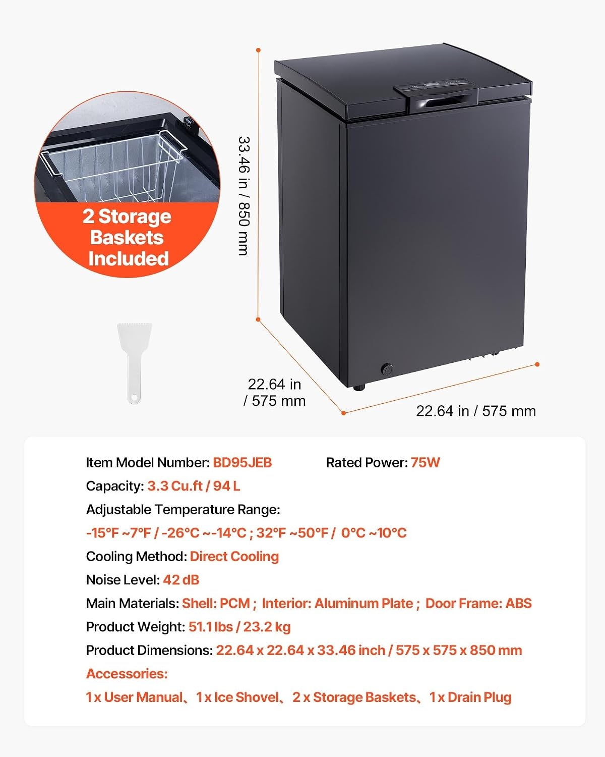 image:imageVEVOR Chest Freezer 67 Cuft Compact Deep Freezer Free Standing Top Open Door Chest Freezers with 2 Removable Baskets amp Adjustable Thermostat Energy Saving Low Noise amp Garage Ready BlackBlack