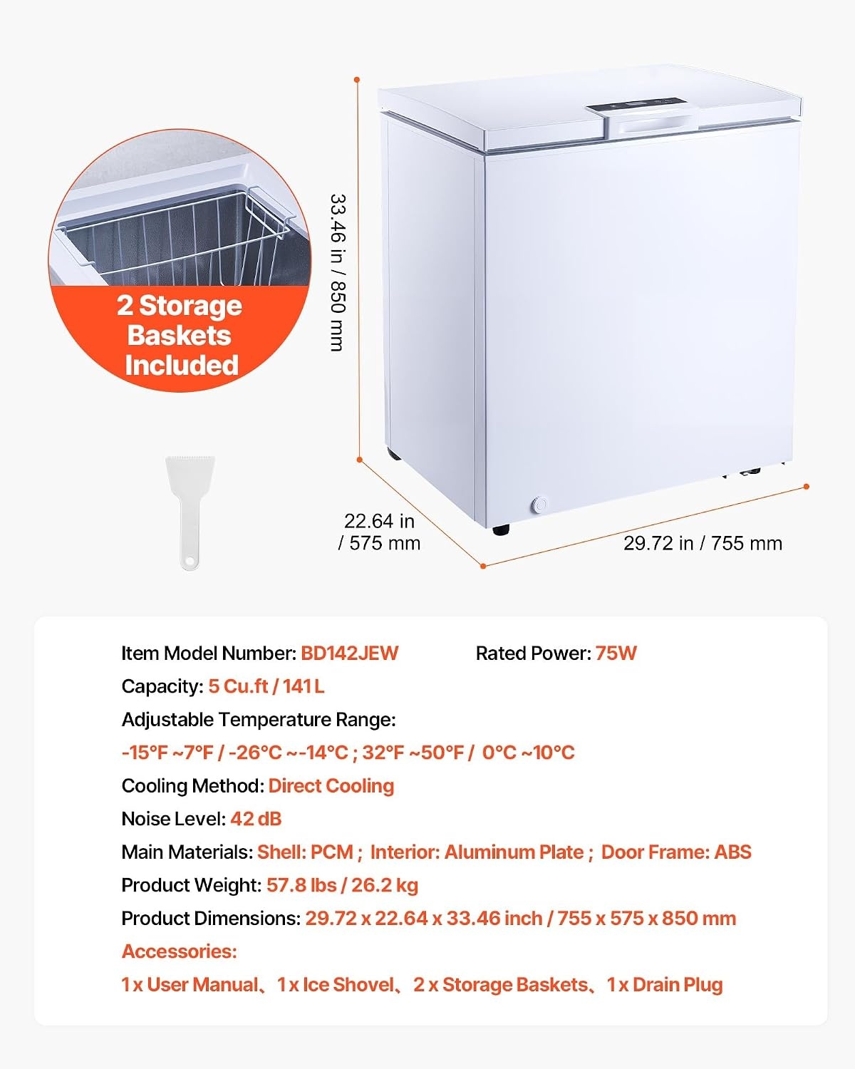image:imageVEVOR Chest Freezer 67 Cuft Compact Deep Freezer Free Standing Top Open Door Chest Freezers with 2 Removable Baskets amp Adjustable Thermostat Energy Saving Low Noise amp Garage Ready BlackWhite