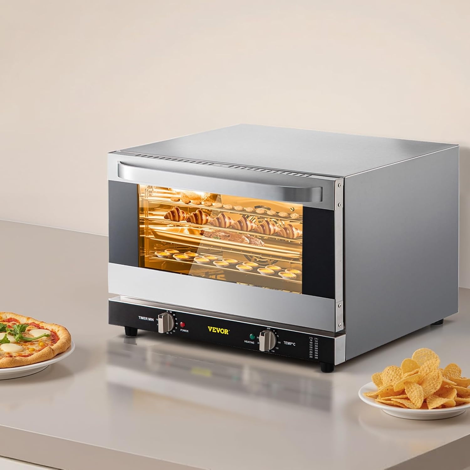 image:imageVEVOR Commercial Convection Oven 21L19Qt QuarterSize Conventional Oven Countertop 1440W 3Tier Toaster wFront Glass Door Electric Baking Oven wTrays Wire Racks Clip Gloves 120V4Tier 43Qt