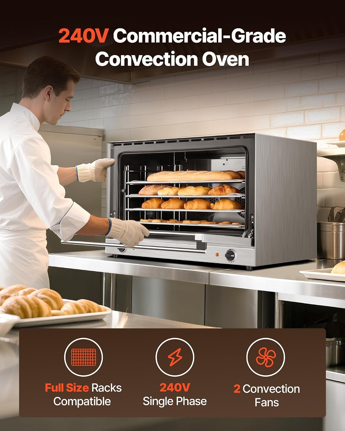 image:imageVEVOR Commercial Convection Oven 21L19Qt QuarterSize Conventional Oven Countertop 1440W 3Tier Toaster wFront Glass Door Electric Baking Oven wTrays Wire Racks Clip Gloves 120V5Tier 120L
