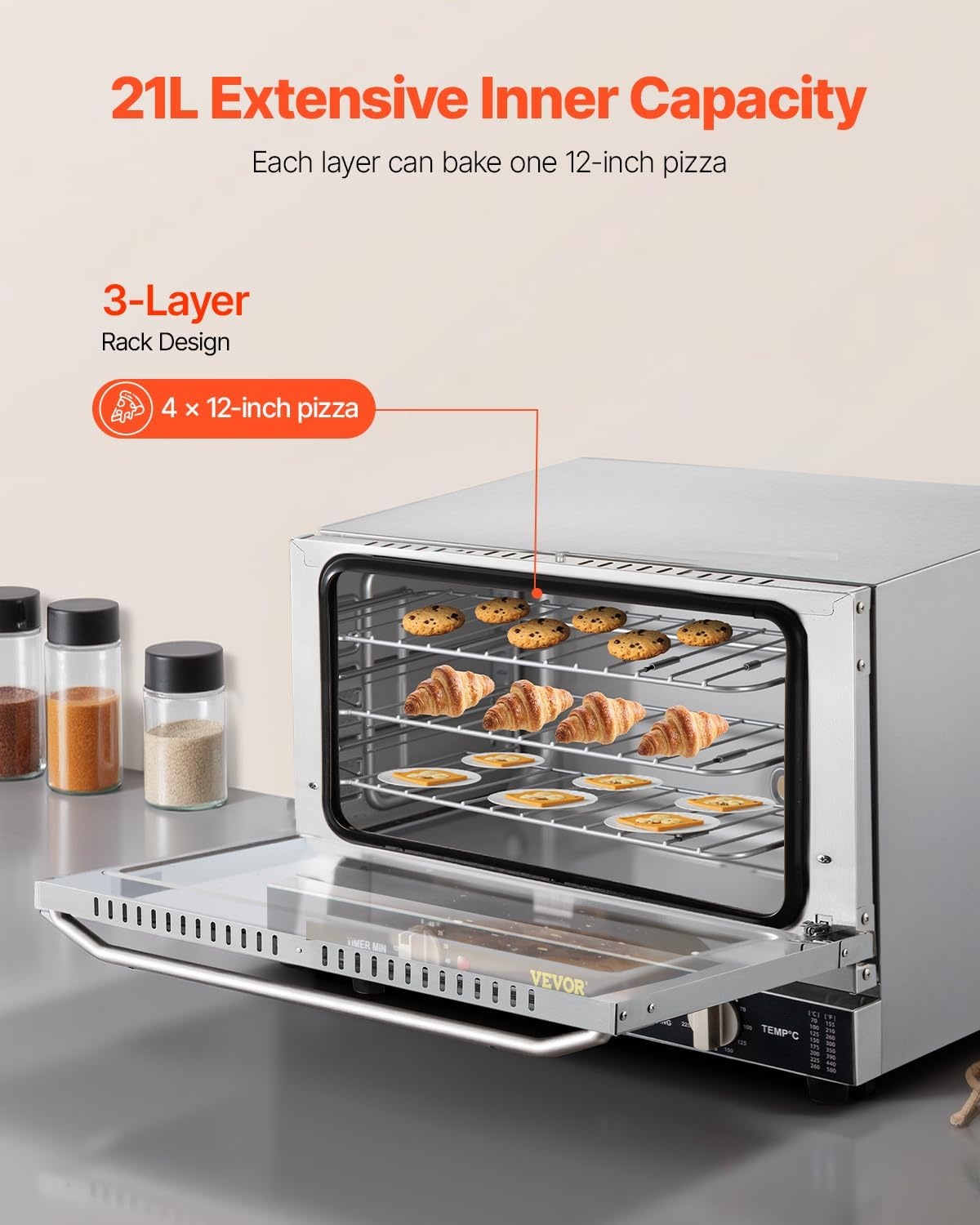 image:imageVEVOR Commercial Convection Oven 21L19Qt QuarterSize Conventional Oven Countertop 1440W 3Tier Toaster wFront Glass Door Electric Baking Oven wTrays Wire Racks Clip Gloves 120V3Tier 19Qt